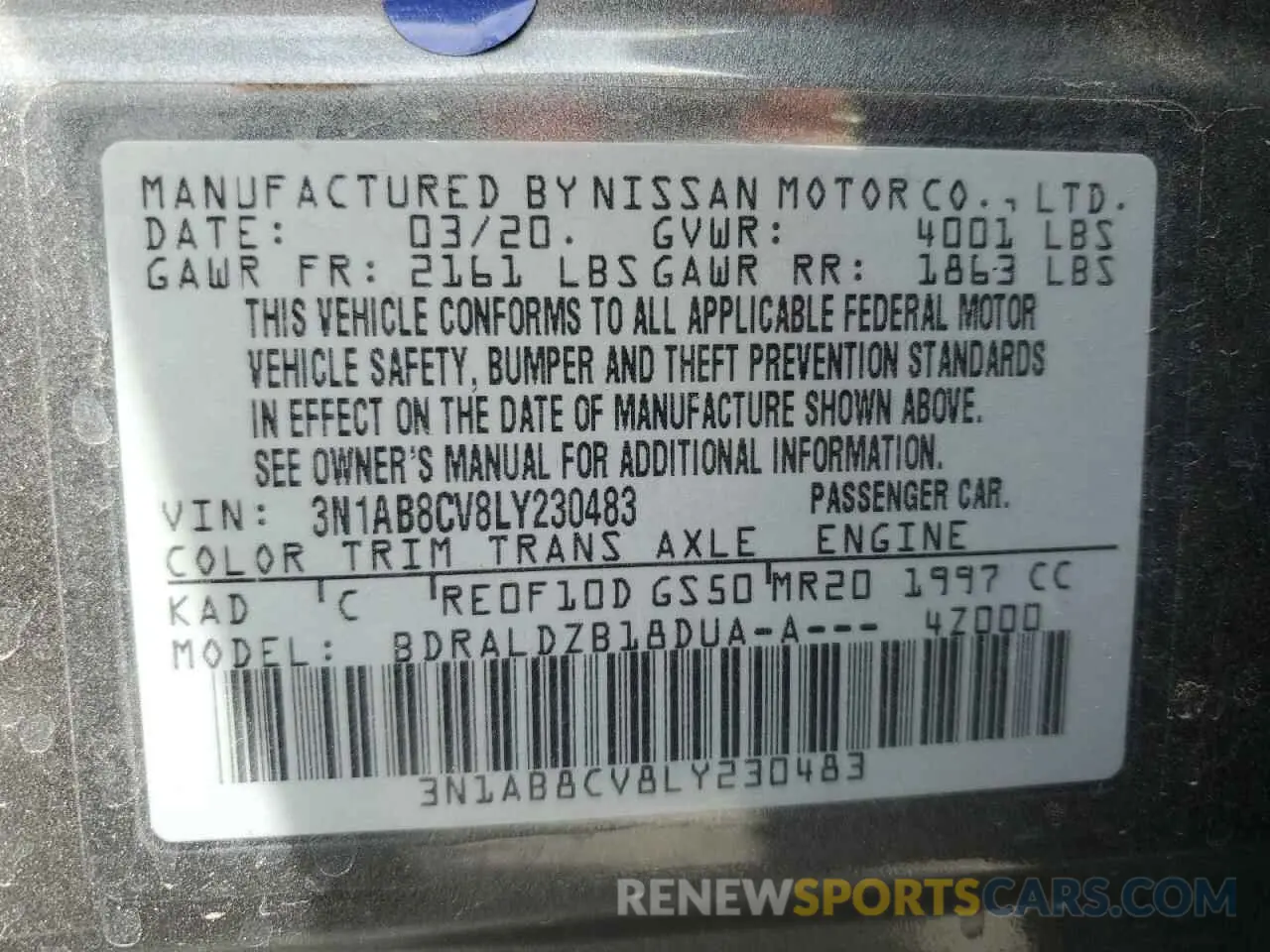 13 fotografías del automóvil dañado 3N1AB8CV8LY230483 NISSAN SENTRA 2020
