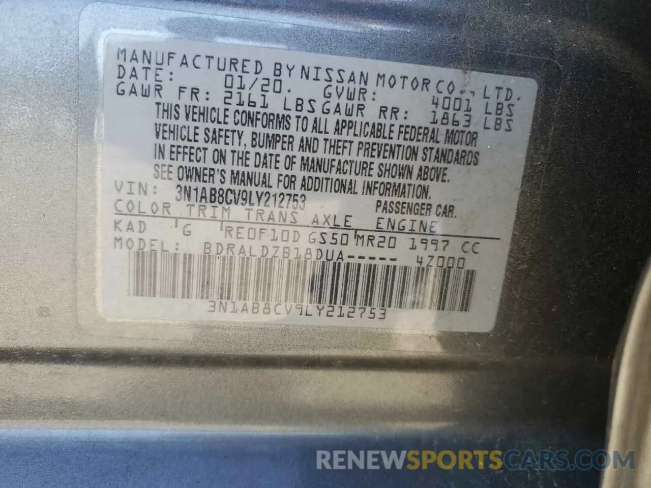 13 fotografías del automóvil dañado 3N1AB8CV9LY212753 NISSAN SENTRA 2020