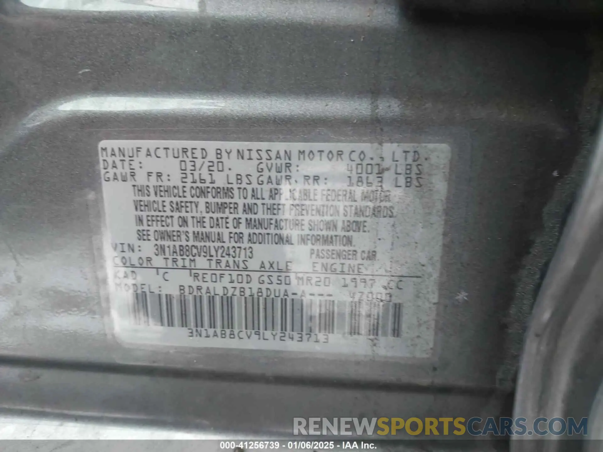 9 fotografías del automóvil dañado 3N1AB8CV9LY243713 NISSAN SENTRA 2020