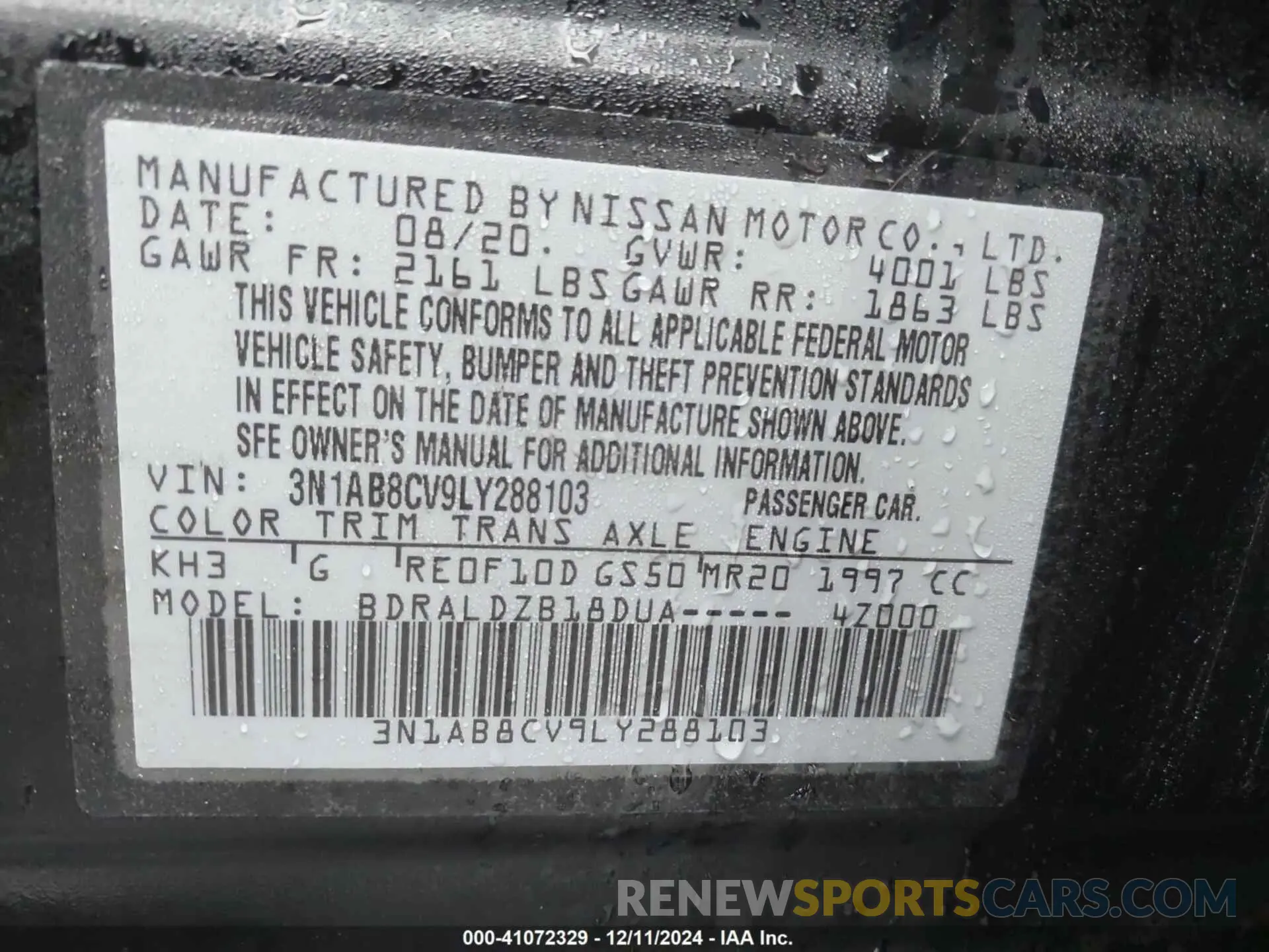 9 fotografías del automóvil dañado 3N1AB8CV9LY288103 NISSAN SENTRA 2020