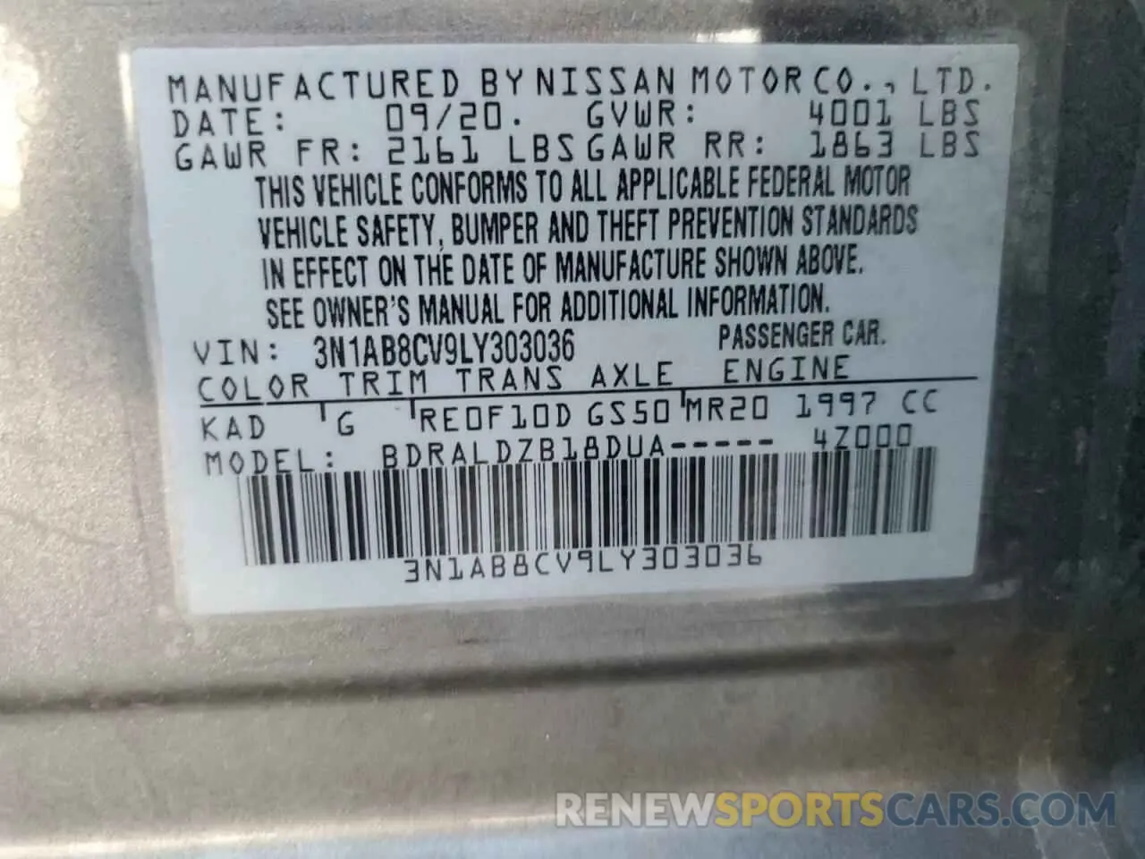 12 fotografías del automóvil dañado 3N1AB8CV9LY303036 NISSAN SENTRA 2020