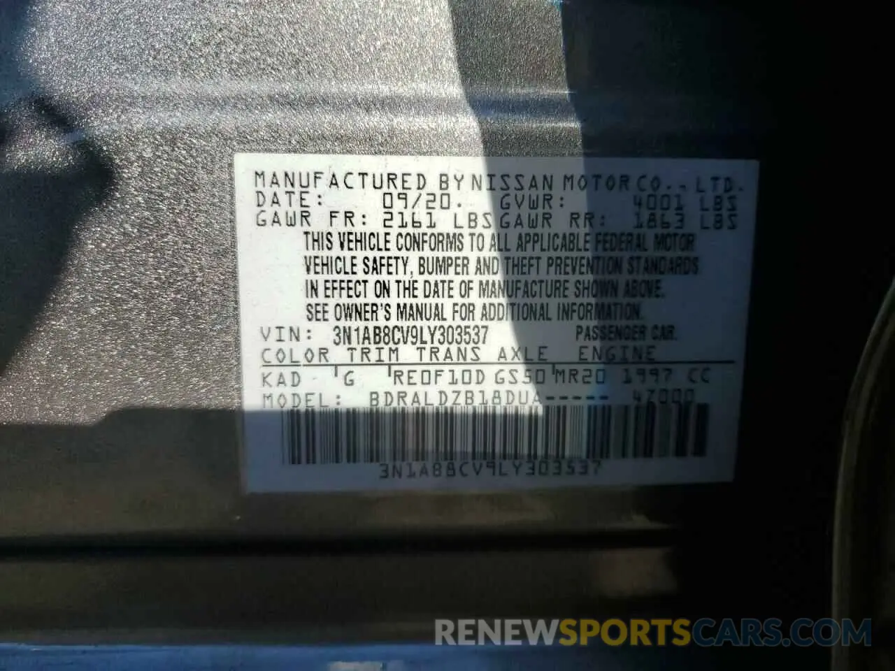 12 fotografías del automóvil dañado 3N1AB8CV9LY303537 NISSAN SENTRA 2020