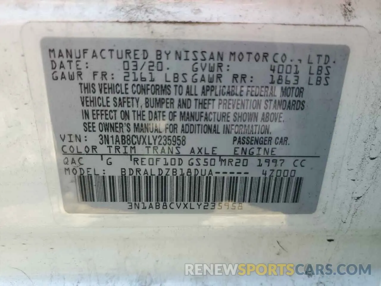 13 fotografías del automóvil dañado 3N1AB8CVXLY235958 NISSAN SENTRA 2020