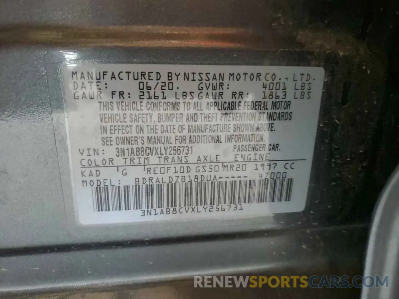 12 fotografías del automóvil dañado 3N1AB8CVXLY256731 NISSAN SENTRA 2020