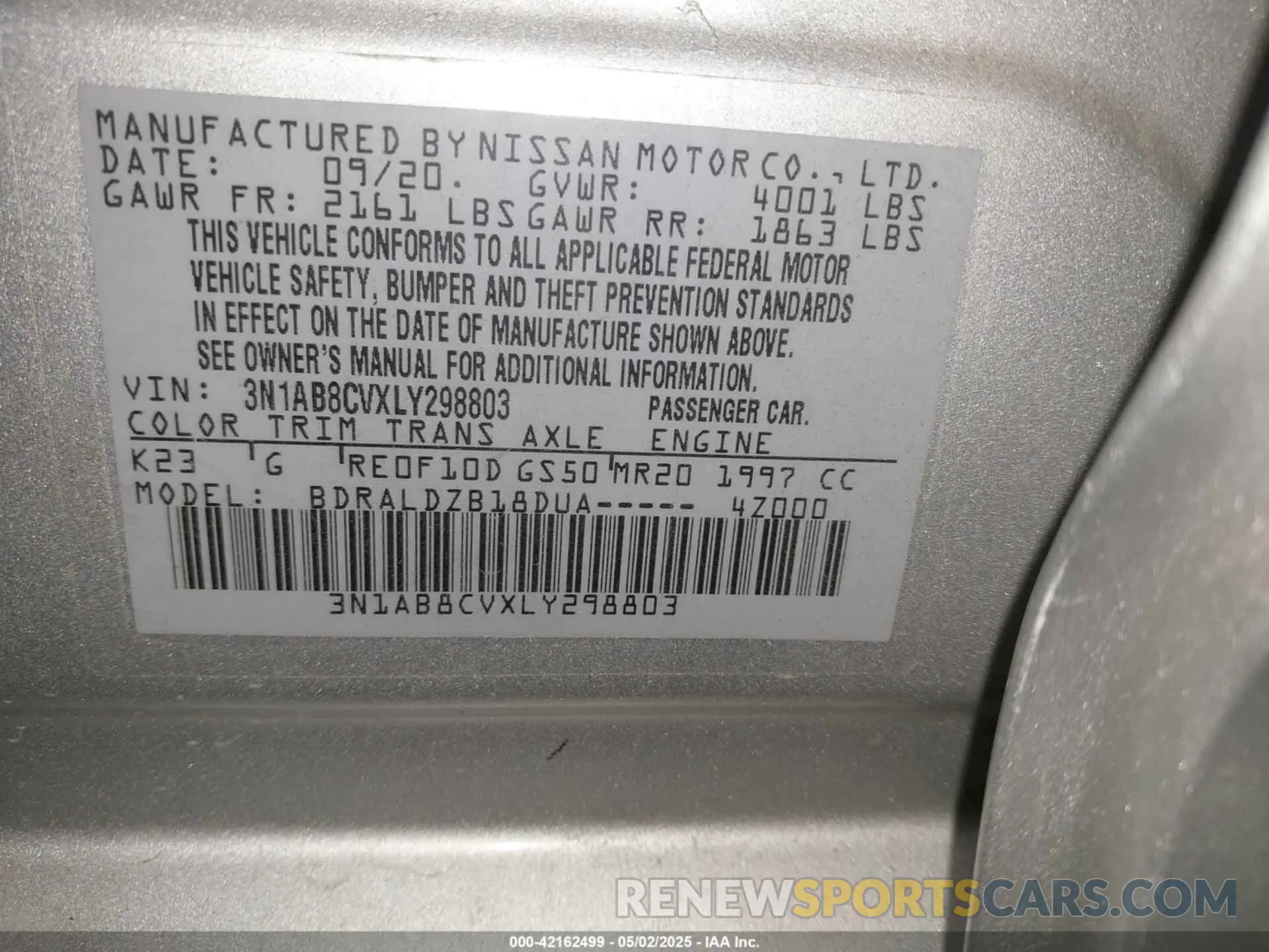 9 fotografías del automóvil dañado 3N1AB8CVXLY298803 NISSAN SENTRA 2020