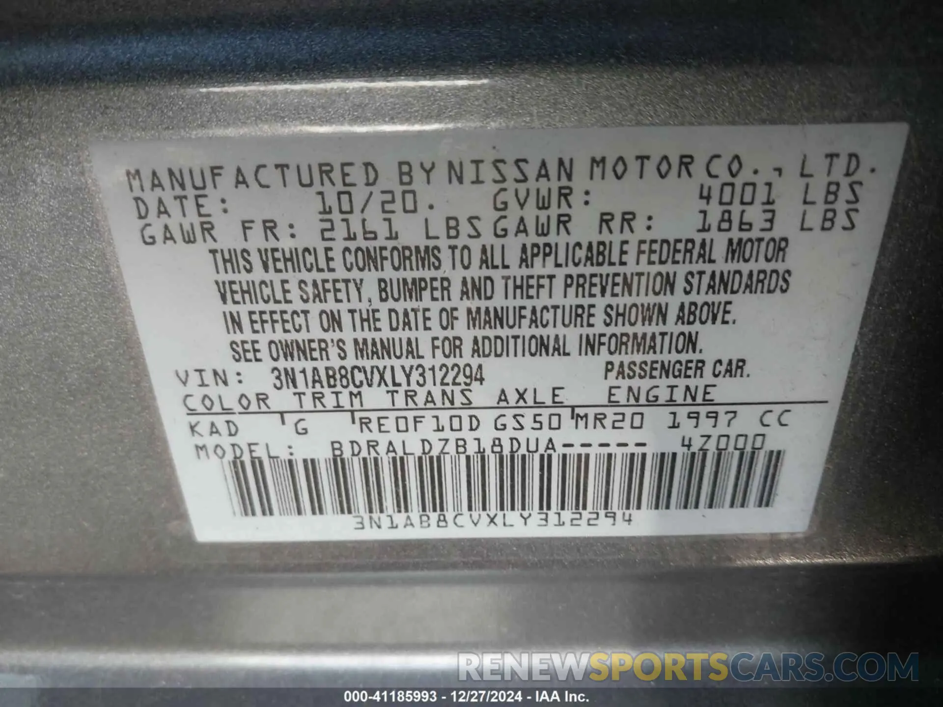 9 fotografías del automóvil dañado 3N1AB8CVXLY312294 NISSAN SENTRA 2020