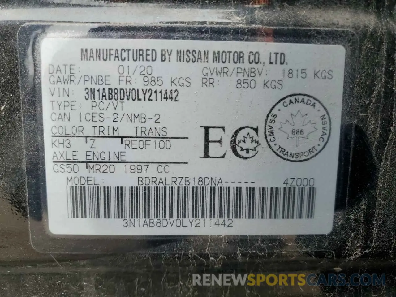 12 fotografías del automóvil dañado 3N1AB8DV0LY211442 NISSAN SENTRA 2020
