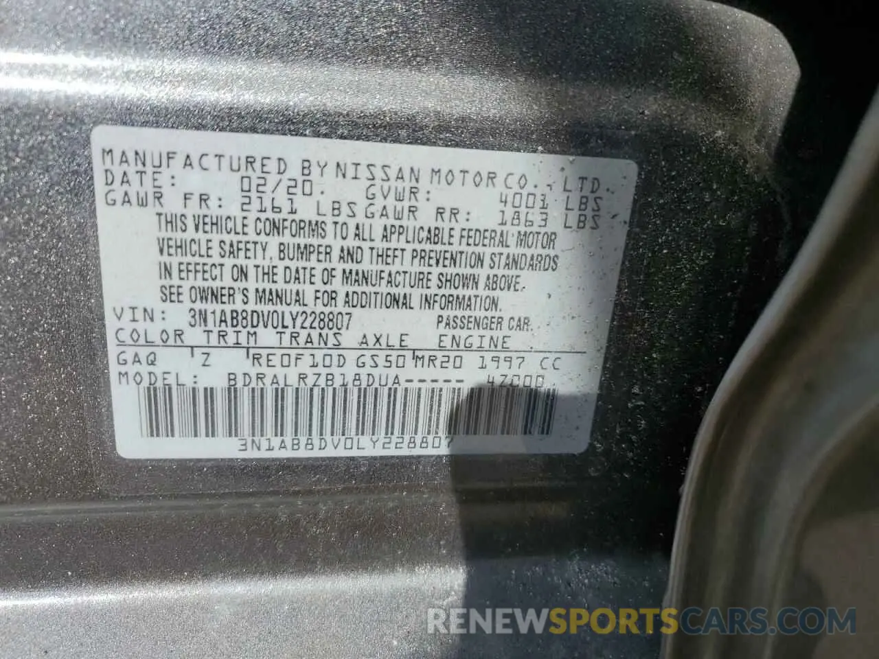 12 fotografías del automóvil dañado 3N1AB8DV0LY228807 NISSAN SENTRA 2020