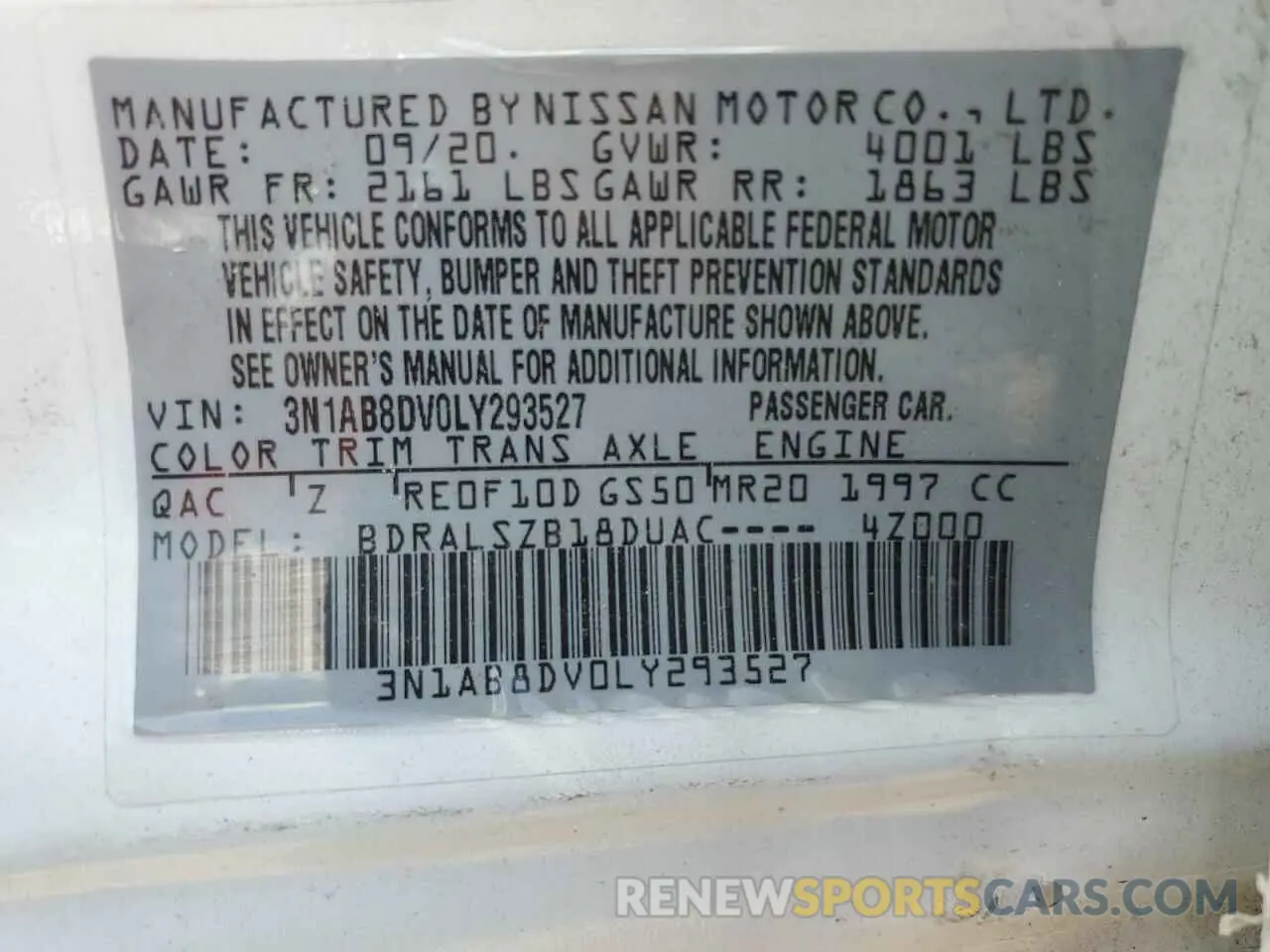 12 fotografías del automóvil dañado 3N1AB8DV0LY293527 NISSAN SENTRA 2020