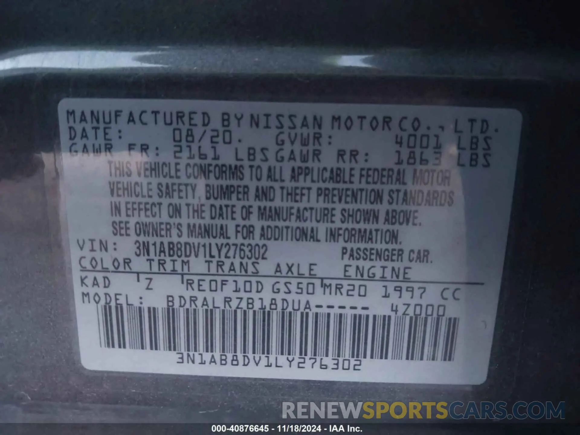9 fotografías del automóvil dañado 3N1AB8DV1LY276302 NISSAN SENTRA 2020