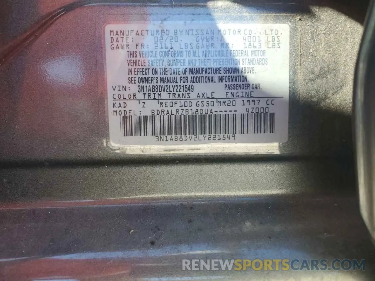 14 fotografías del automóvil dañado 3N1AB8DV2LY221549 NISSAN SENTRA 2020