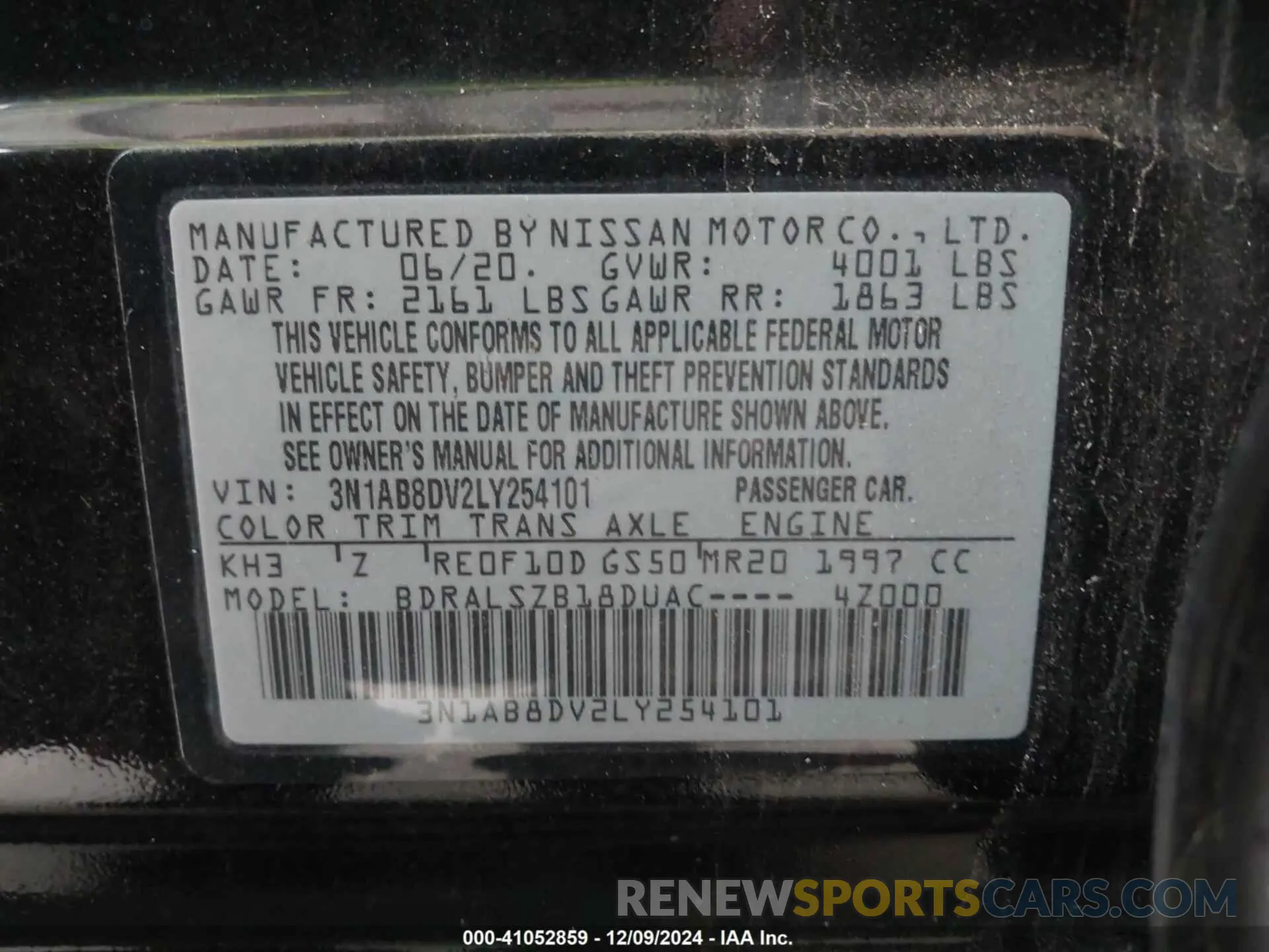 9 fotografías del automóvil dañado 3N1AB8DV2LY254101 NISSAN SENTRA 2020