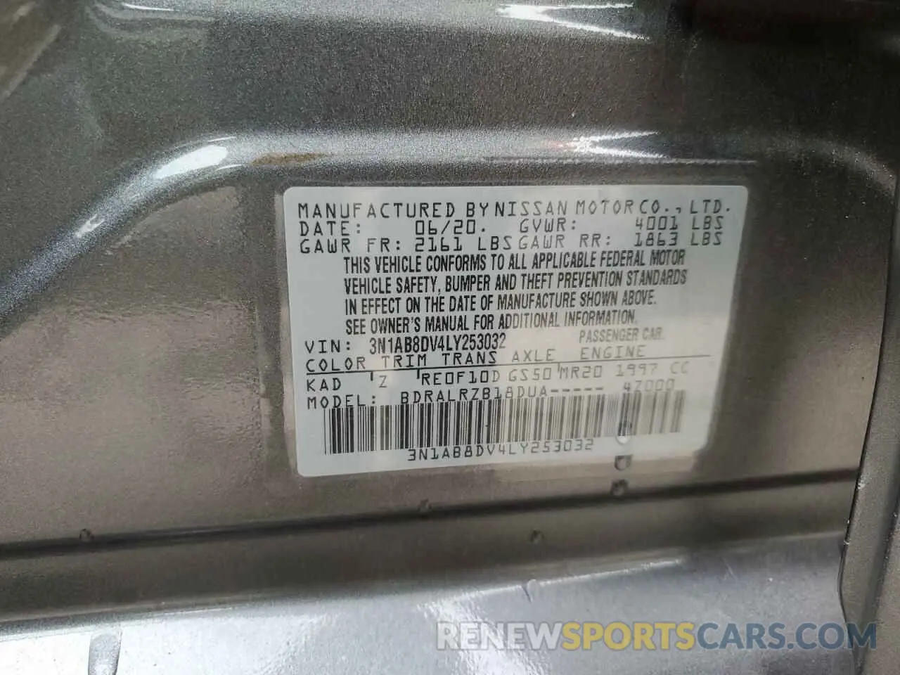 12 fotografías del automóvil dañado 3N1AB8DV4LY253032 NISSAN SENTRA 2020