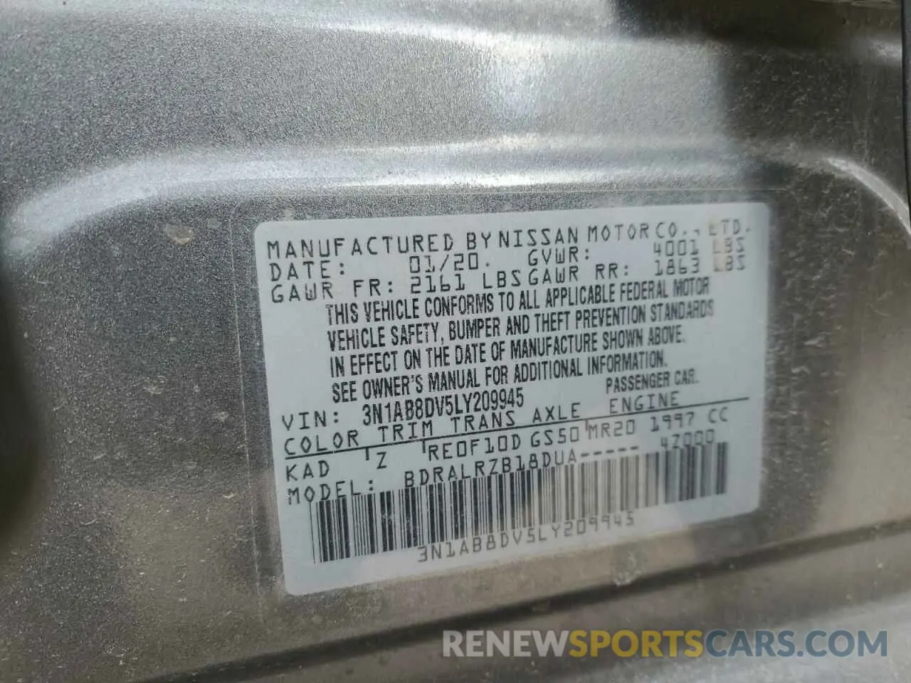 13 fotografías del automóvil dañado 3N1AB8DV5LY209945 NISSAN SENTRA 2020