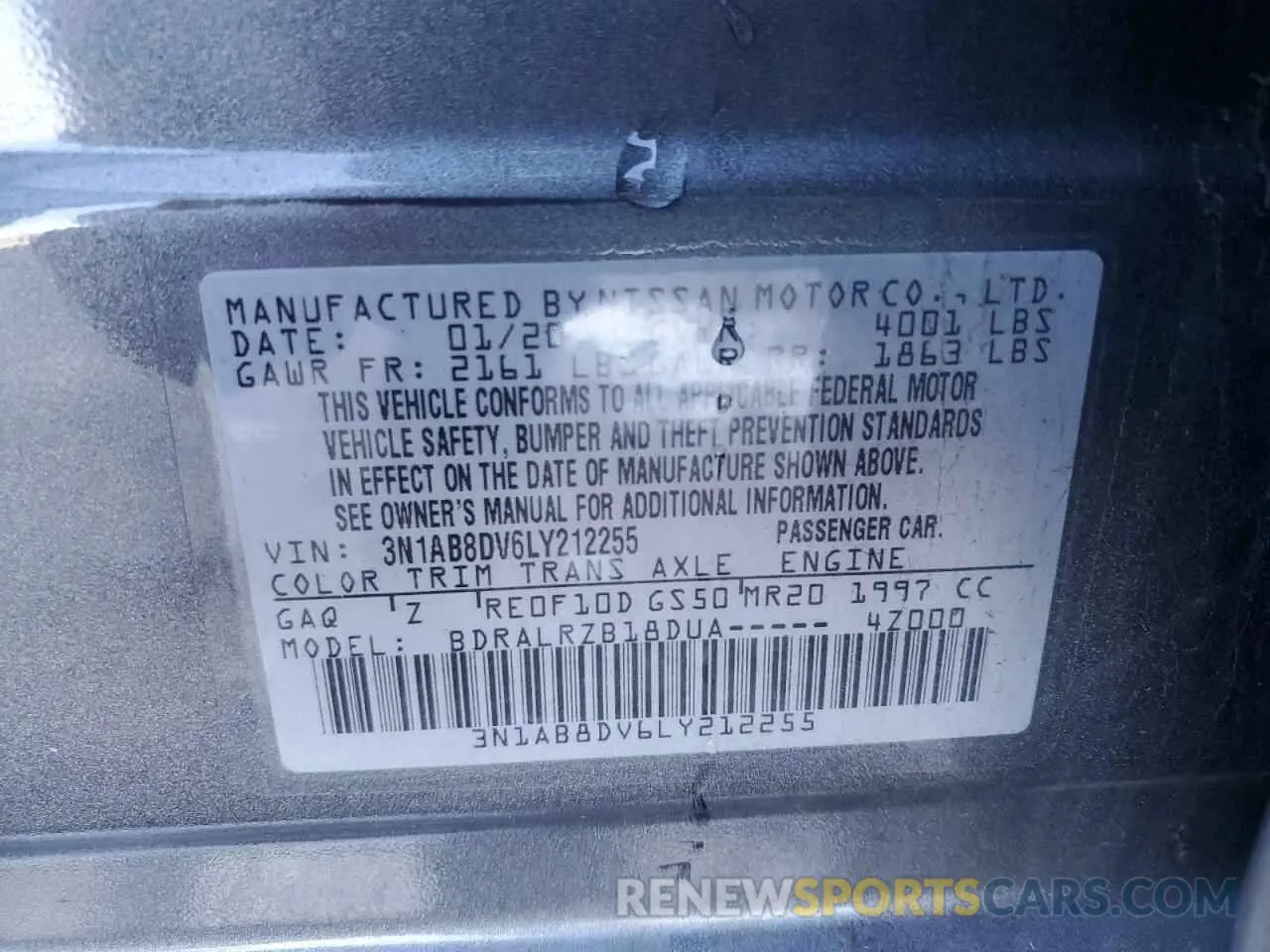 14 fotografías del automóvil dañado 3N1AB8DV6LY212255 NISSAN SENTRA 2020