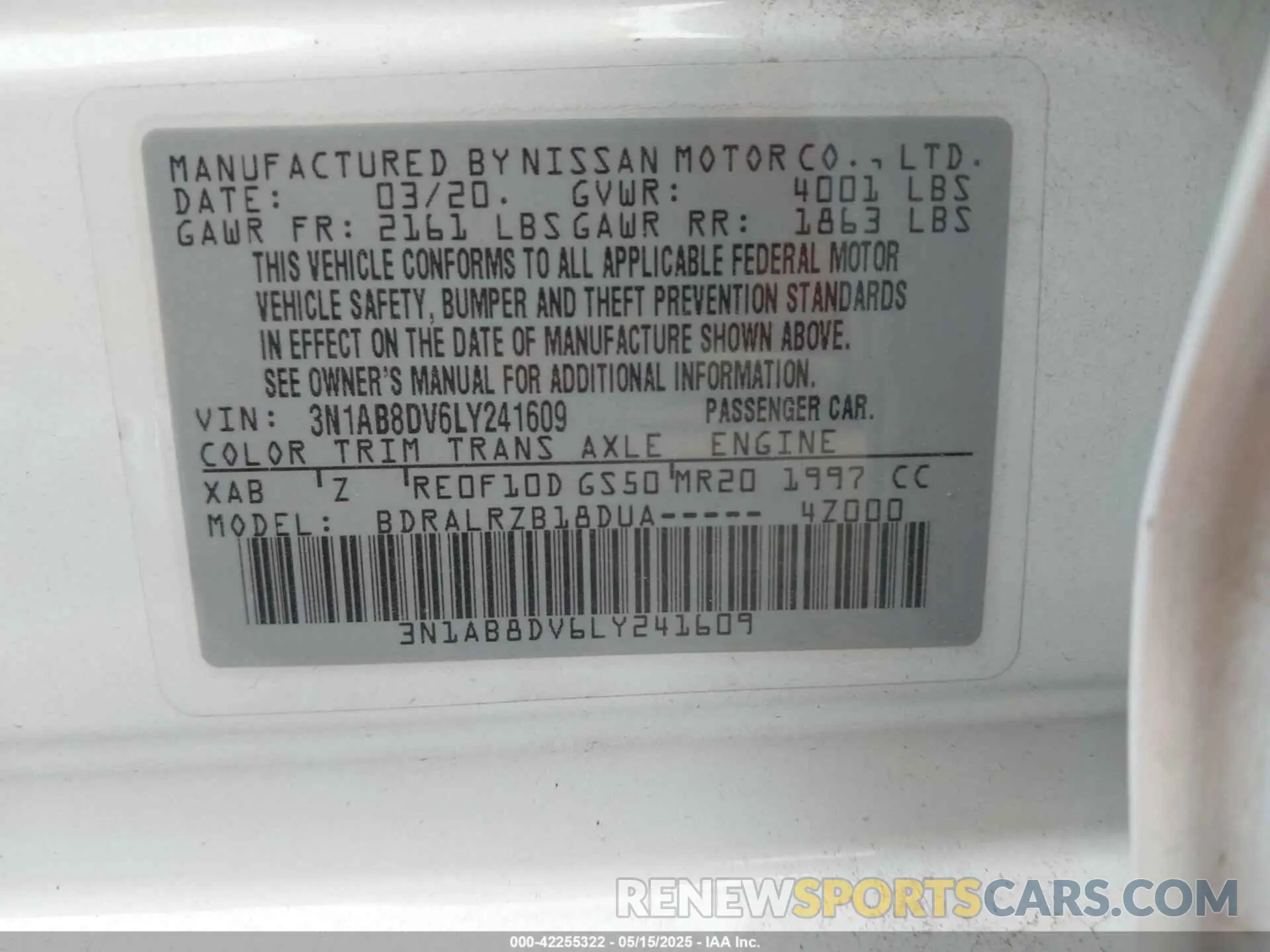 9 fotografías del automóvil dañado 3N1AB8DV6LY241609 NISSAN SENTRA 2020
