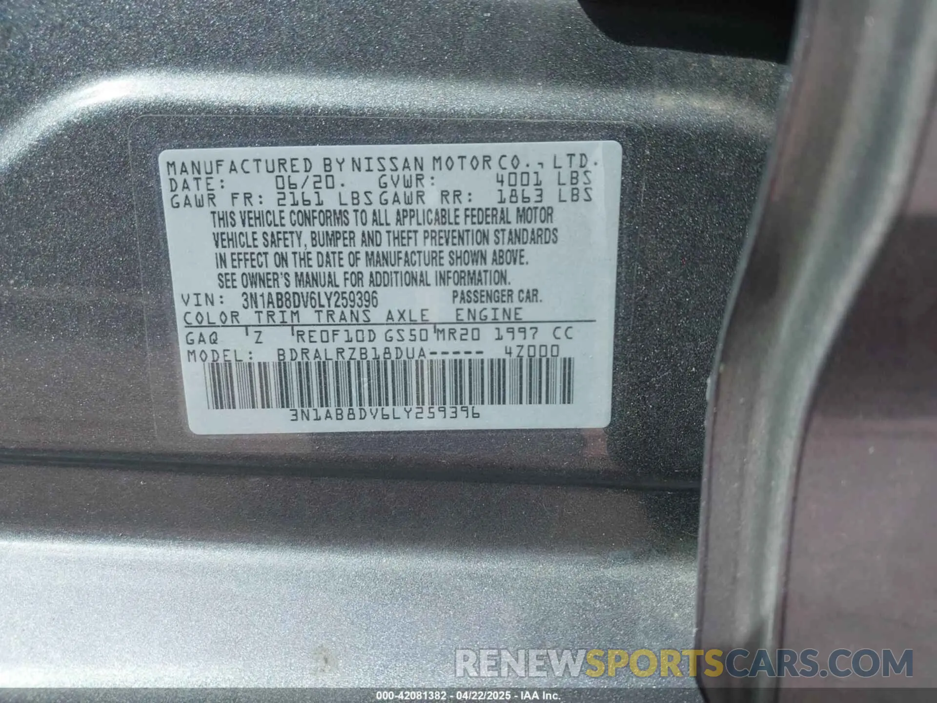 9 fotografías del automóvil dañado 3N1AB8DV6LY259396 NISSAN SENTRA 2020