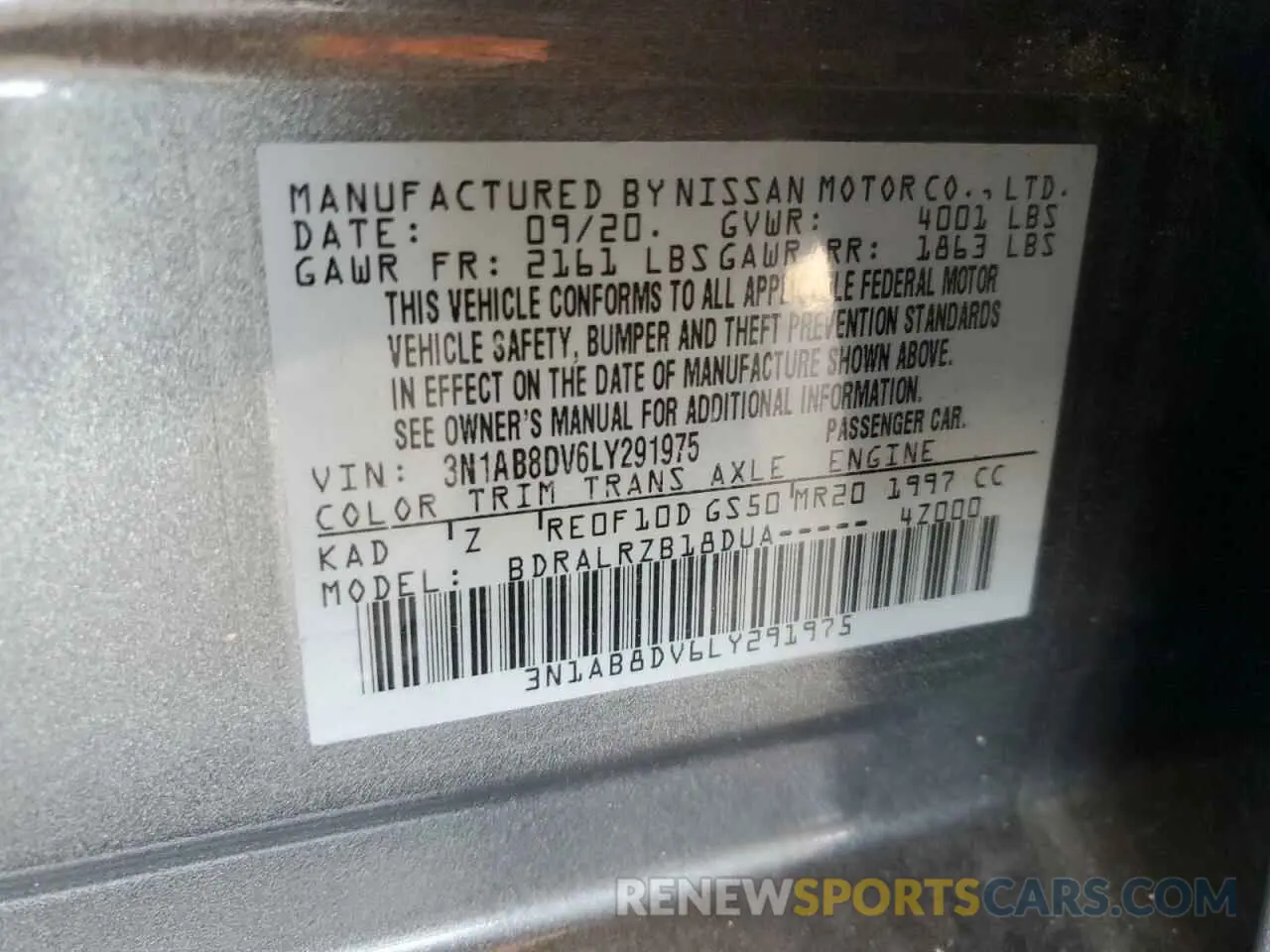 14 fotografías del automóvil dañado 3N1AB8DV6LY291975 NISSAN SENTRA 2020