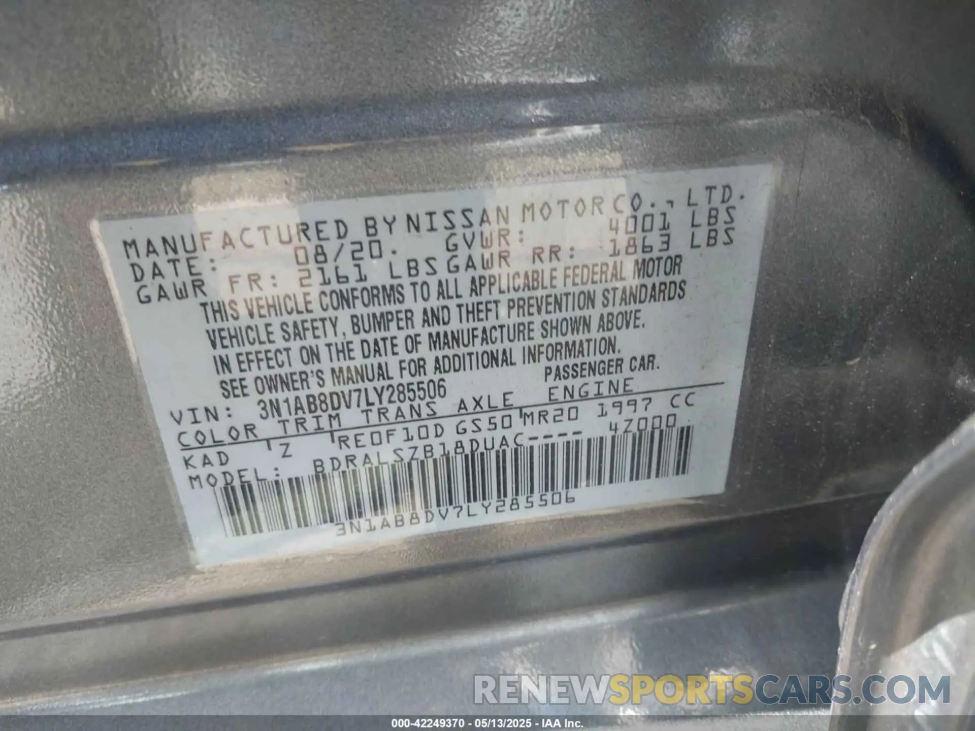 9 fotografías del automóvil dañado 3N1AB8DV7LY285506 NISSAN SENTRA 2020