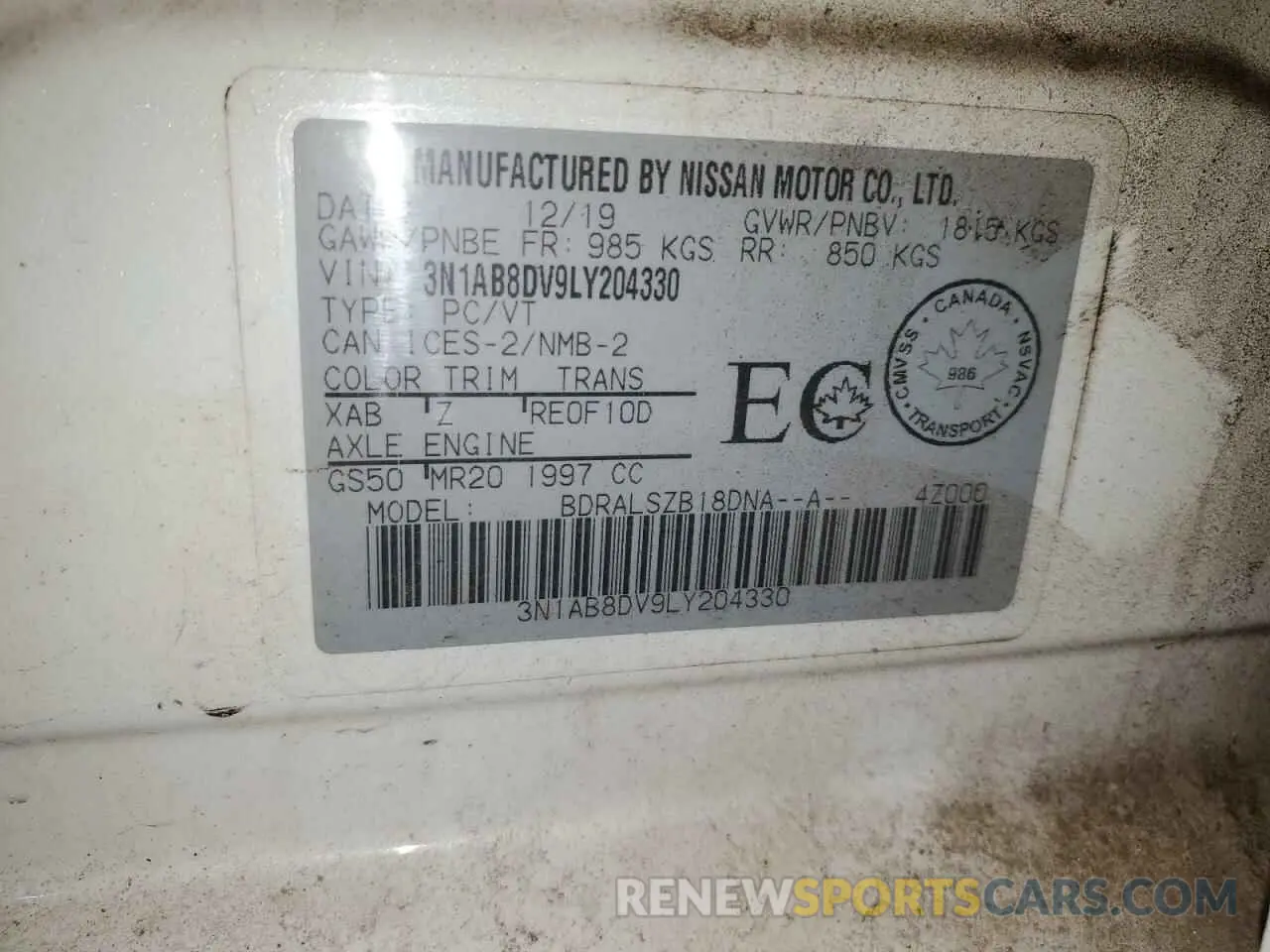 13 fotografías del automóvil dañado 3N1AB8DV9LY204330 NISSAN SENTRA 2020