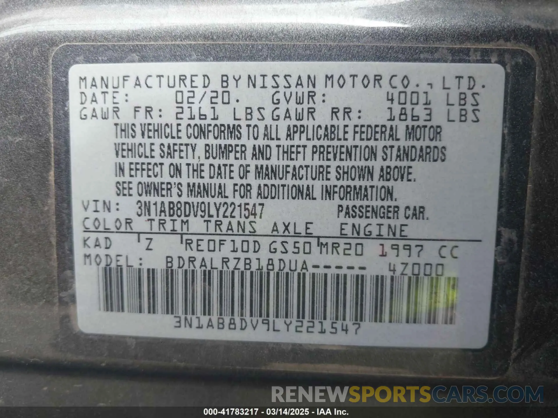 9 fotografías del automóvil dañado 3N1AB8DV9LY221547 NISSAN SENTRA 2020