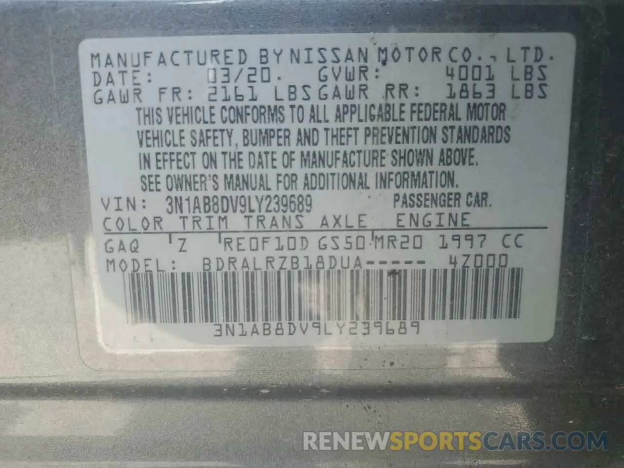 12 fotografías del automóvil dañado 3N1AB8DV9LY239689 NISSAN SENTRA 2020