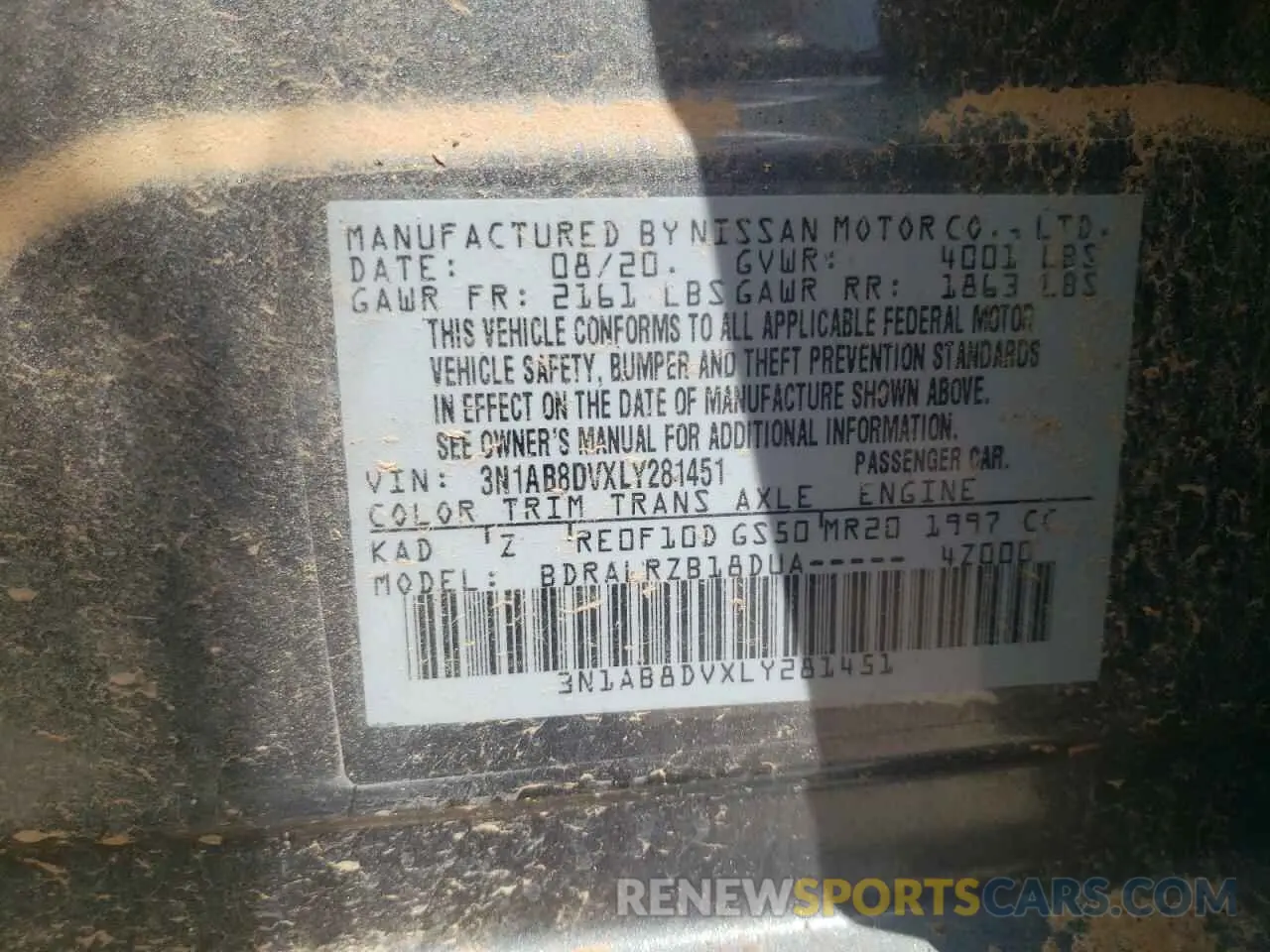 13 fotografías del automóvil dañado 3N1AB8DVXLY281451 NISSAN SENTRA 2020