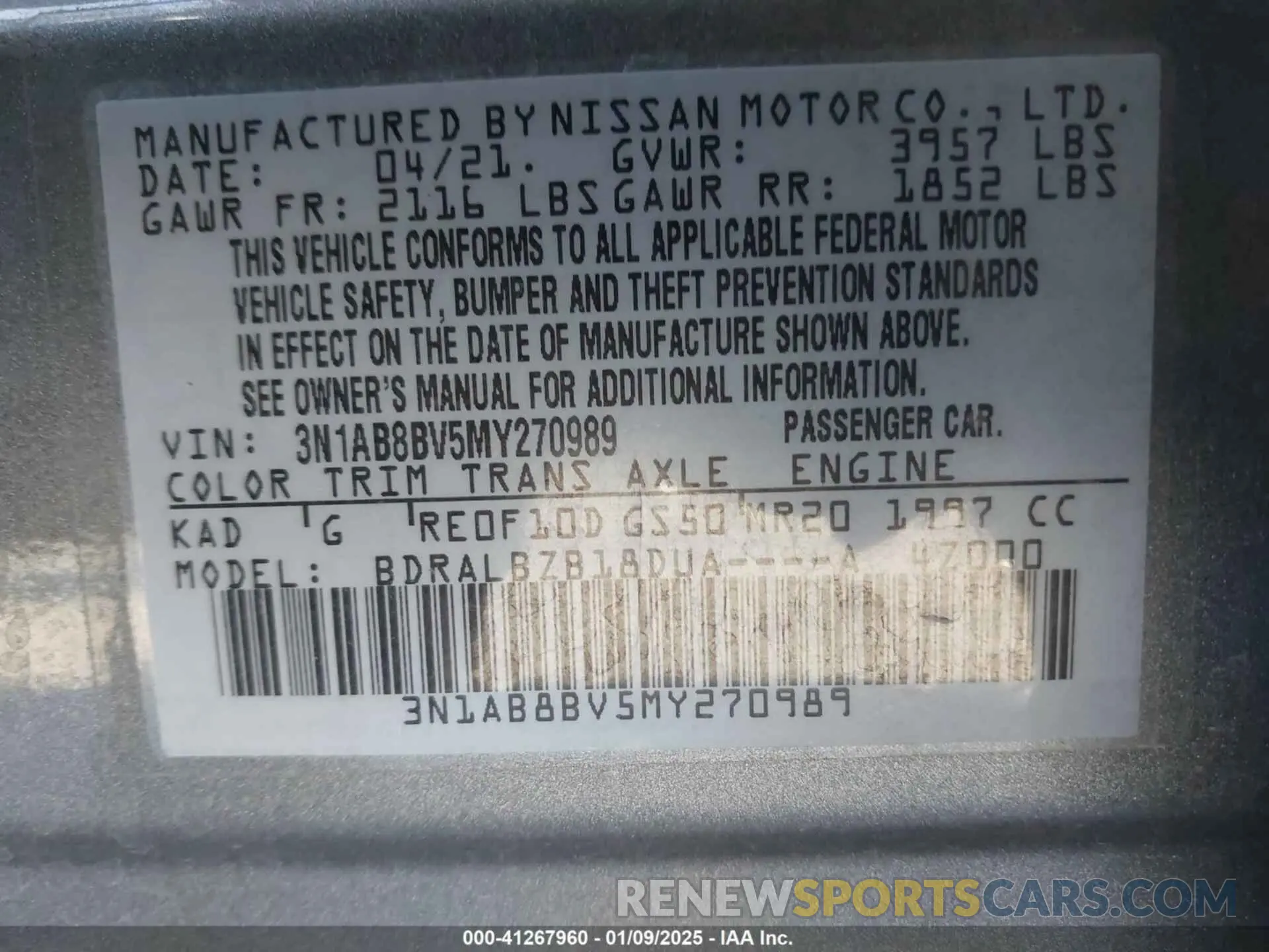 9 fotografías del automóvil dañado 3N1AB8BV5MY270989 NISSAN SENTRA 2021