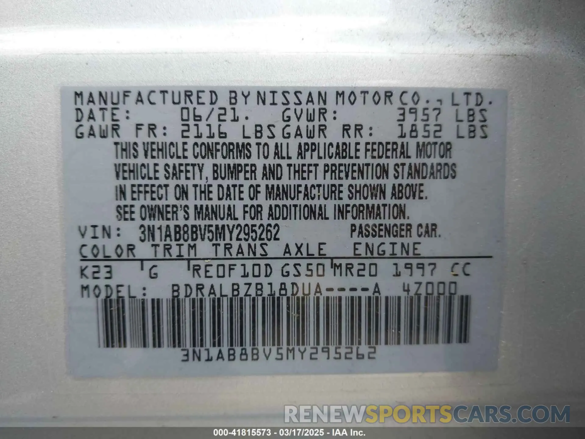 9 fotografías del automóvil dañado 3N1AB8BV5MY295262 NISSAN SENTRA 2021