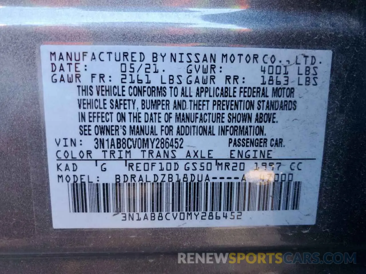 12 fotografías del automóvil dañado 3N1AB8CV0MY286452 NISSAN SENTRA 2021