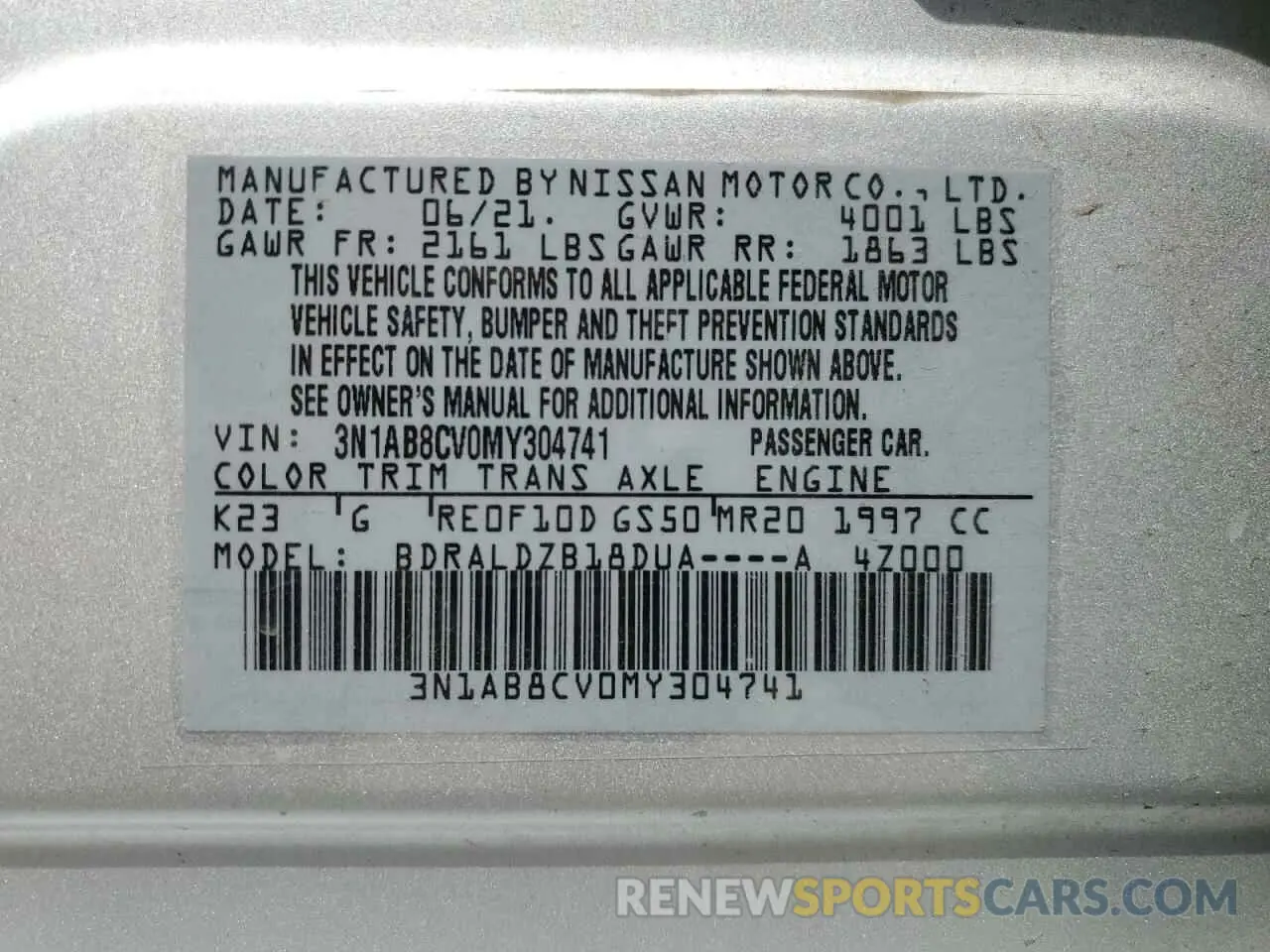 13 fotografías del automóvil dañado 3N1AB8CV0MY304741 NISSAN SENTRA 2021