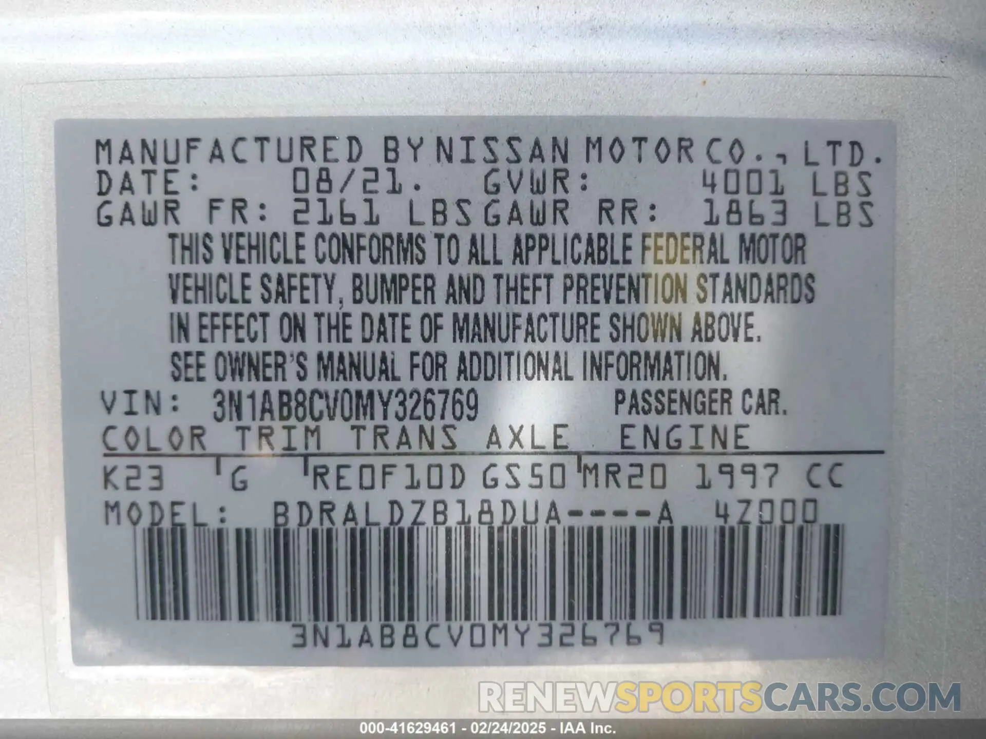 9 fotografías del automóvil dañado 3N1AB8CV0MY326769 NISSAN SENTRA 2021