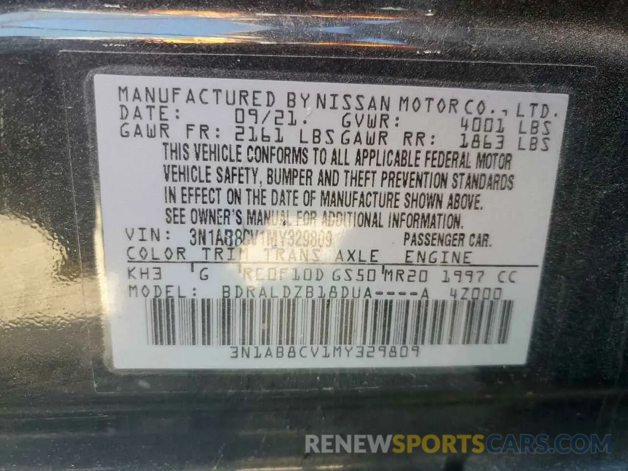 12 fotografías del automóvil dañado 3N1AB8CV1MY329809 NISSAN SENTRA 2021