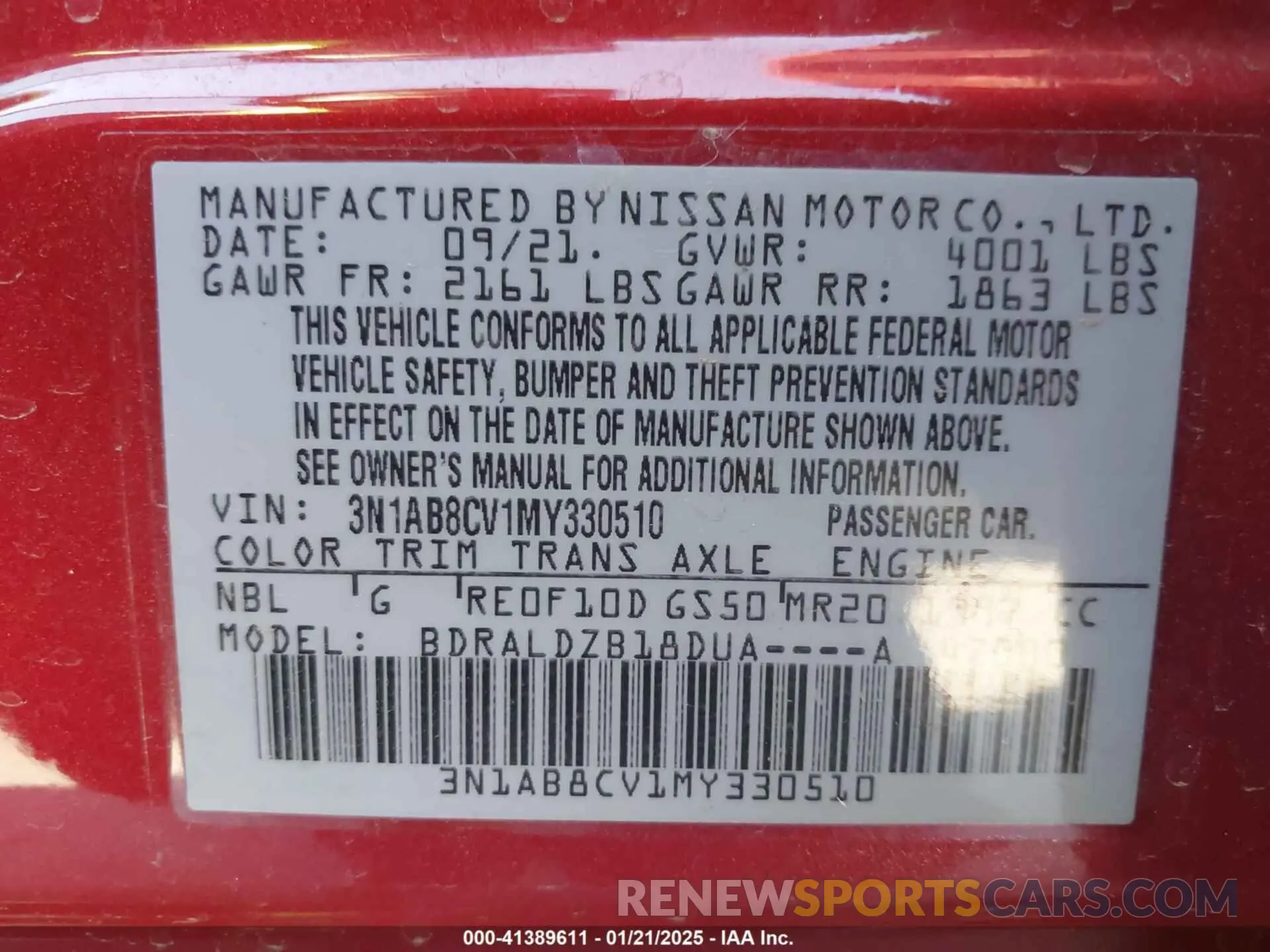 9 fotografías del automóvil dañado 3N1AB8CV1MY330510 NISSAN SENTRA 2021