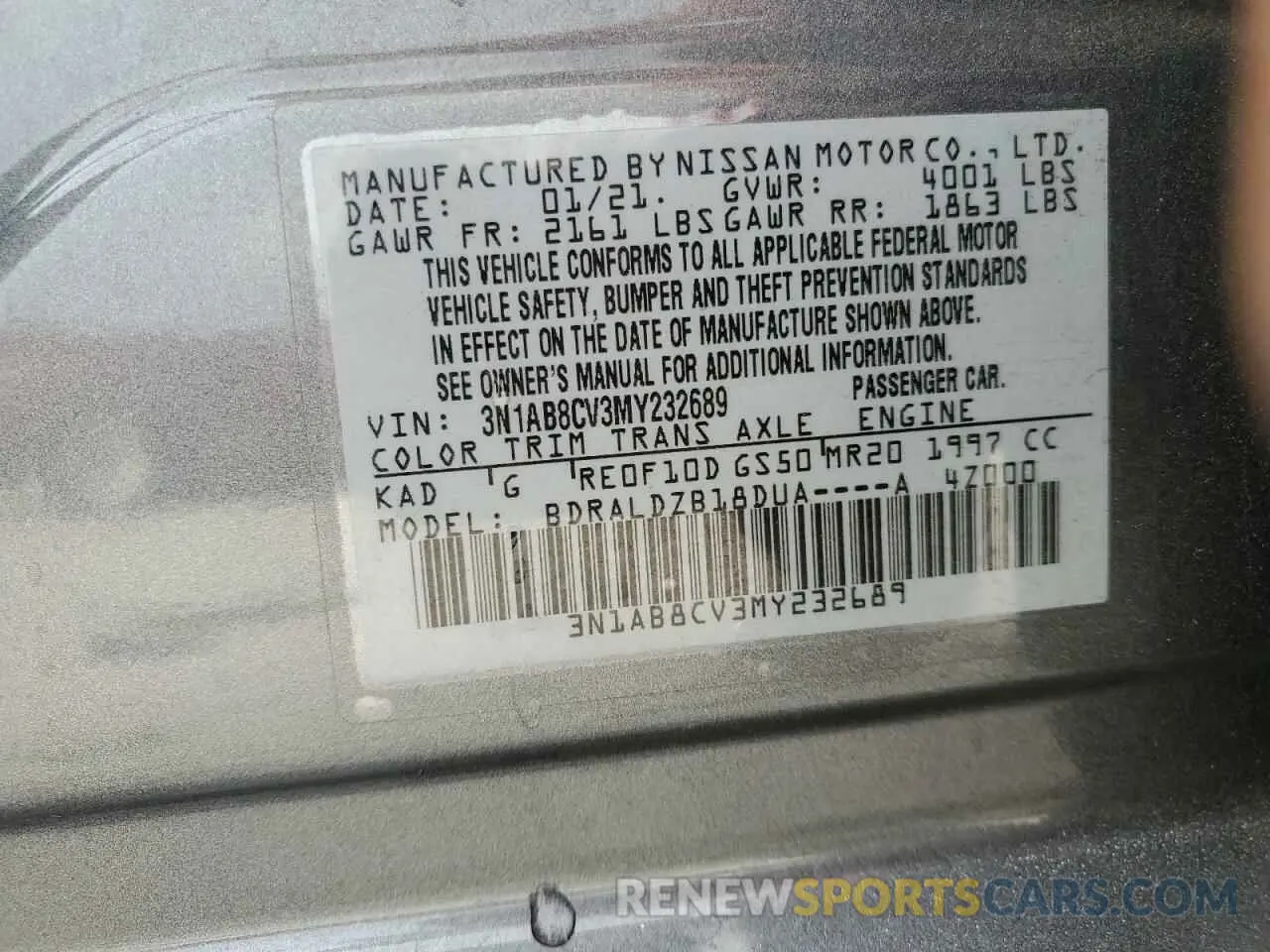 14 fotografías del automóvil dañado 3N1AB8CV3MY232689 NISSAN SENTRA 2021