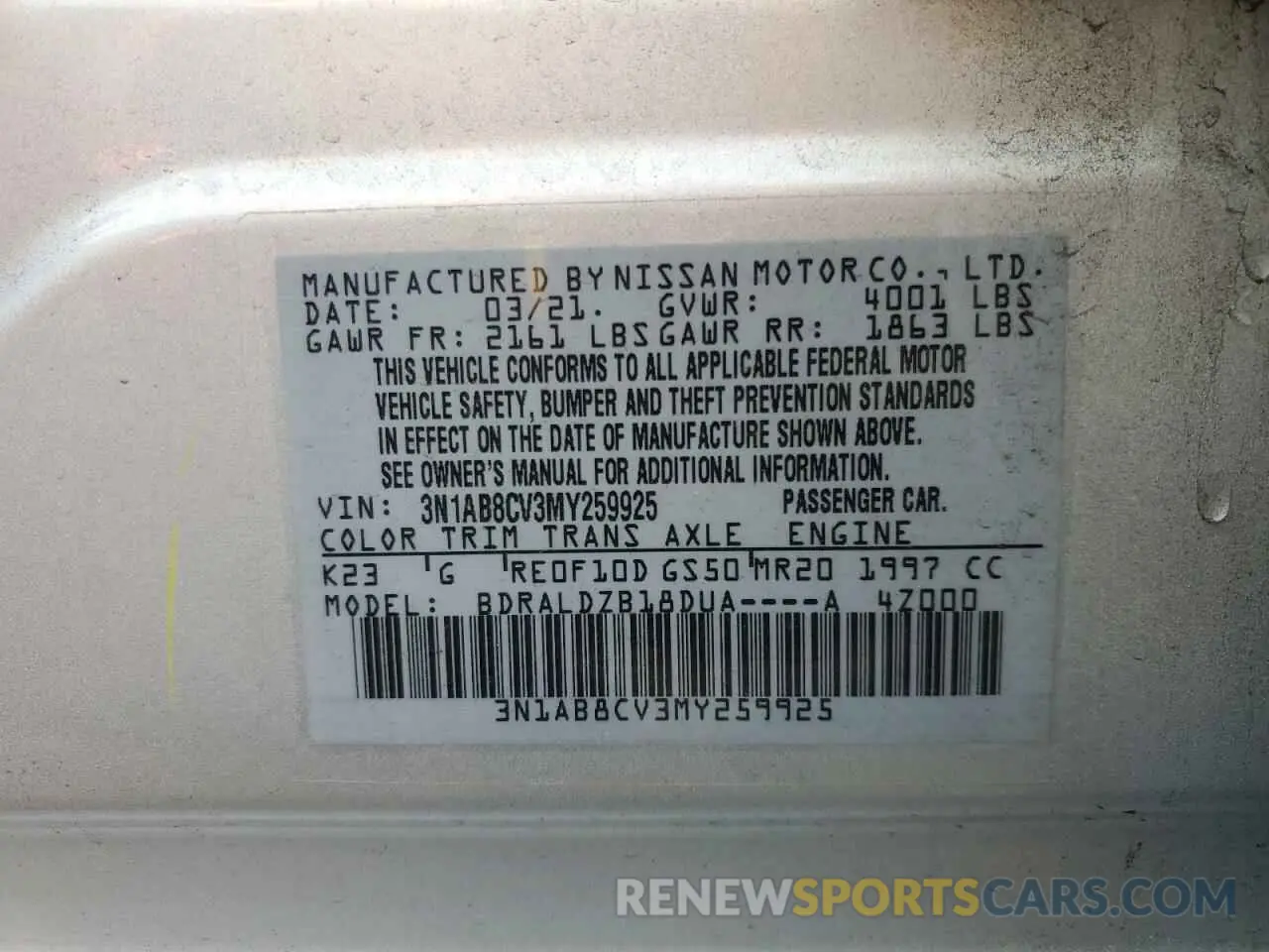 12 fotografías del automóvil dañado 3N1AB8CV3MY259925 NISSAN SENTRA 2021