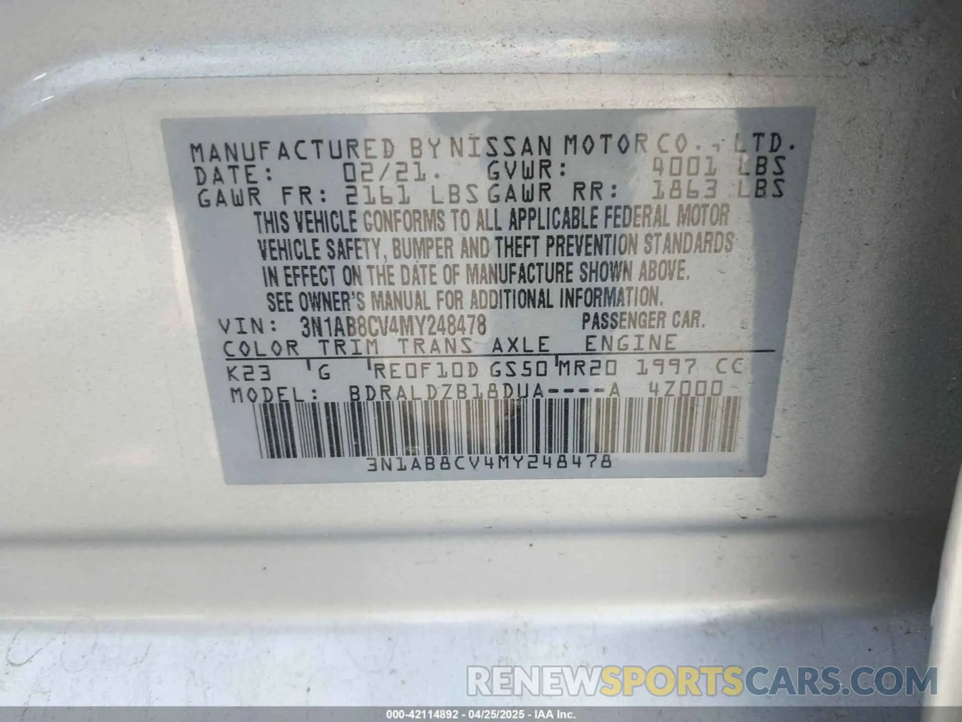 9 fotografías del automóvil dañado 3N1AB8CV4MY248478 NISSAN SENTRA 2021