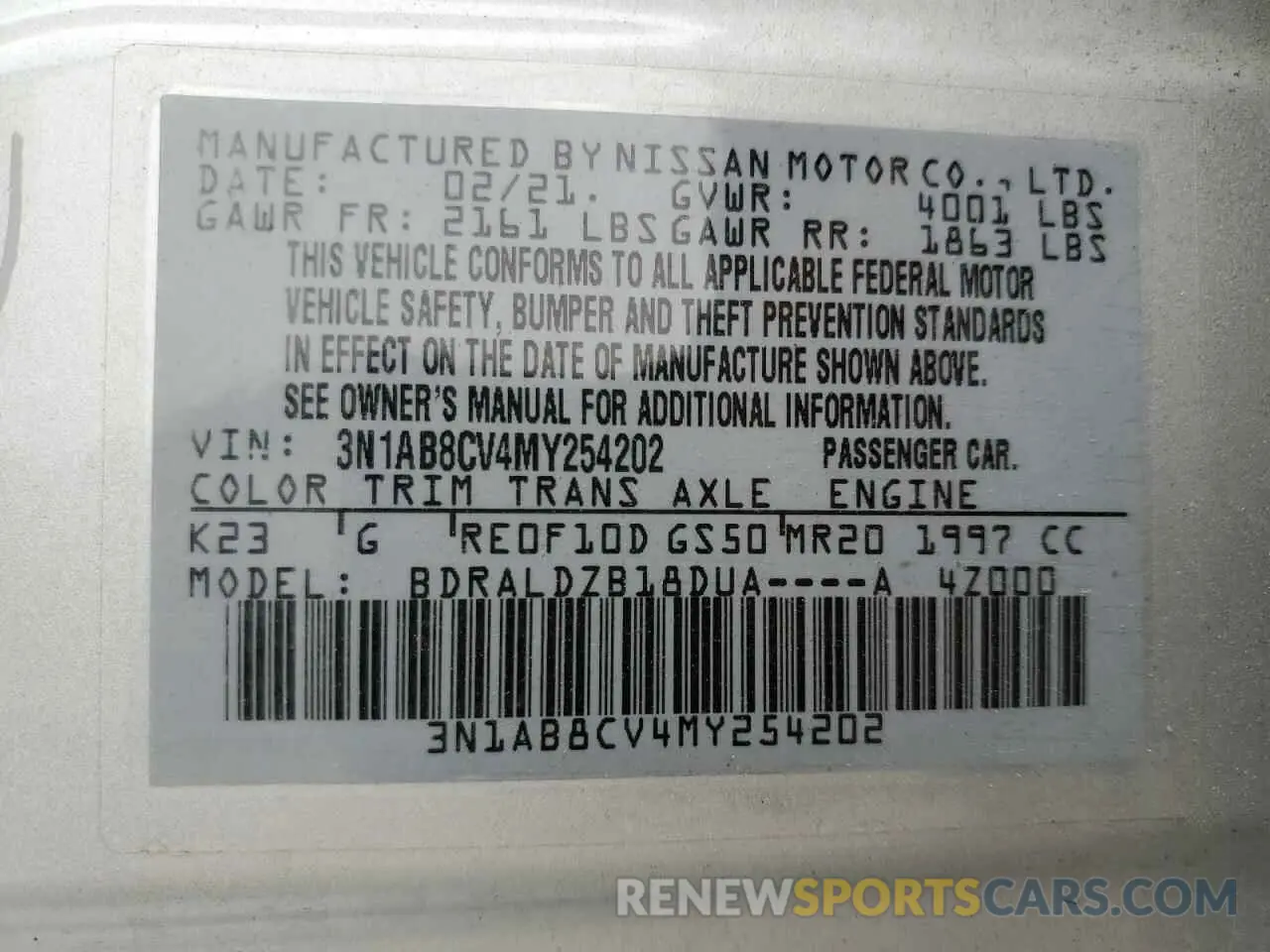 12 fotografías del automóvil dañado 3N1AB8CV4MY254202 NISSAN SENTRA 2021