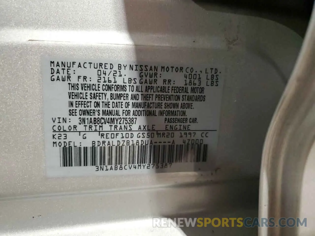 12 fotografías del automóvil dañado 3N1AB8CV4MY275387 NISSAN SENTRA 2021