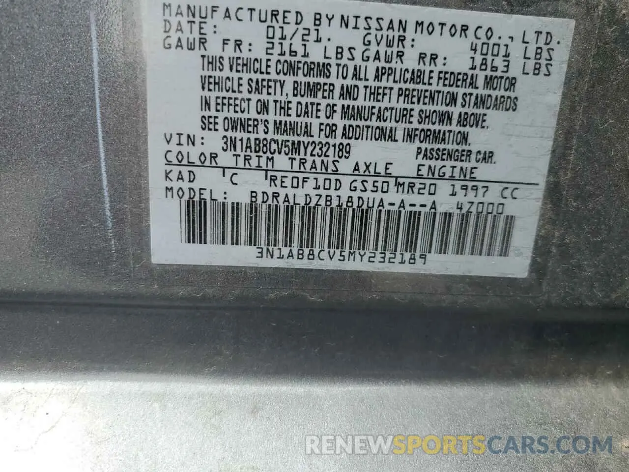 12 fotografías del automóvil dañado 3N1AB8CV5MY232189 NISSAN SENTRA 2021