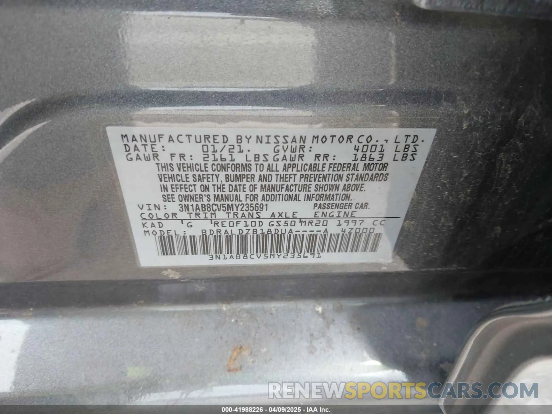 9 fotografías del automóvil dañado 3N1AB8CV5MY235691 NISSAN SENTRA 2021