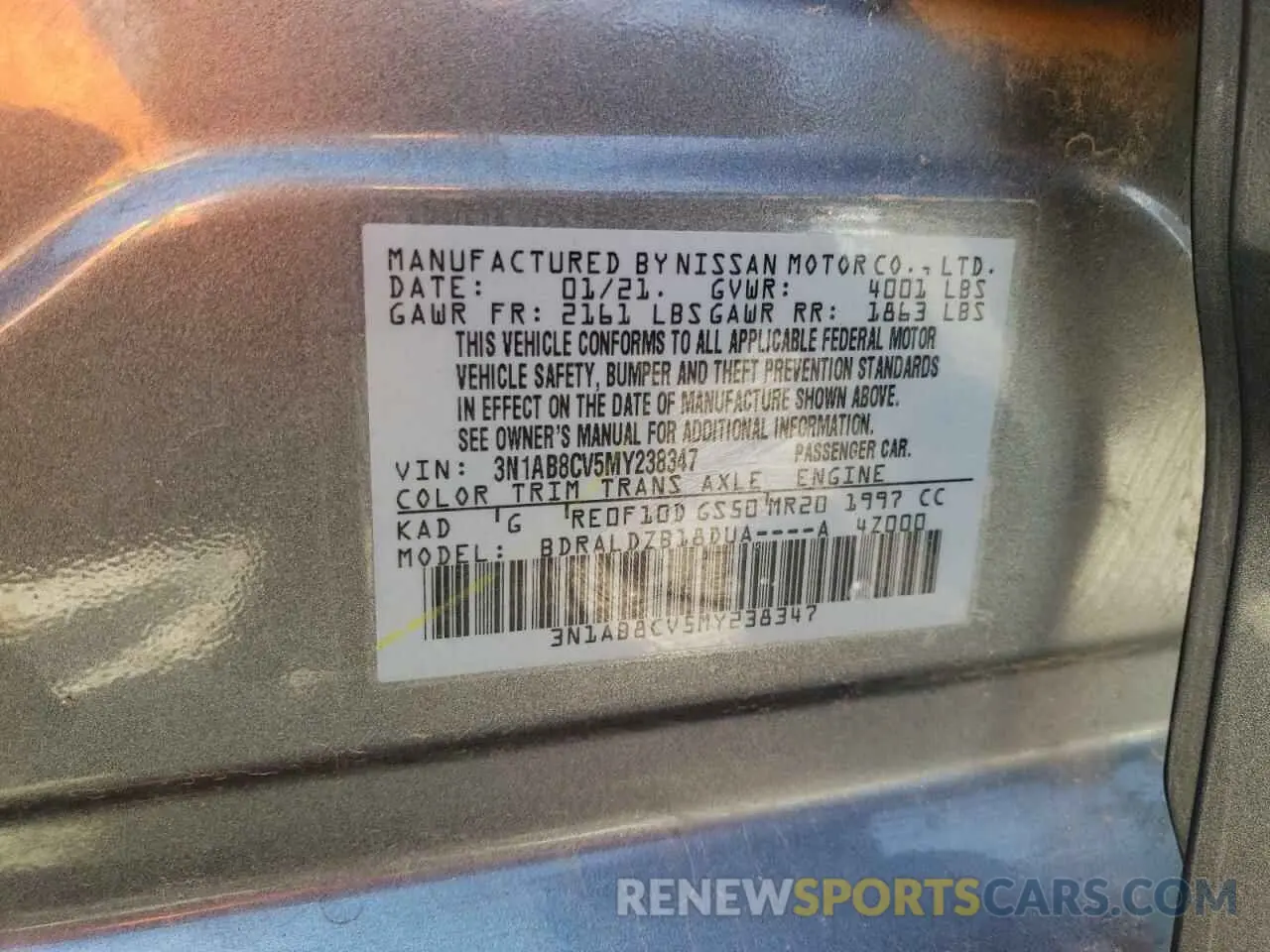 12 fotografías del automóvil dañado 3N1AB8CV5MY238347 NISSAN SENTRA 2021