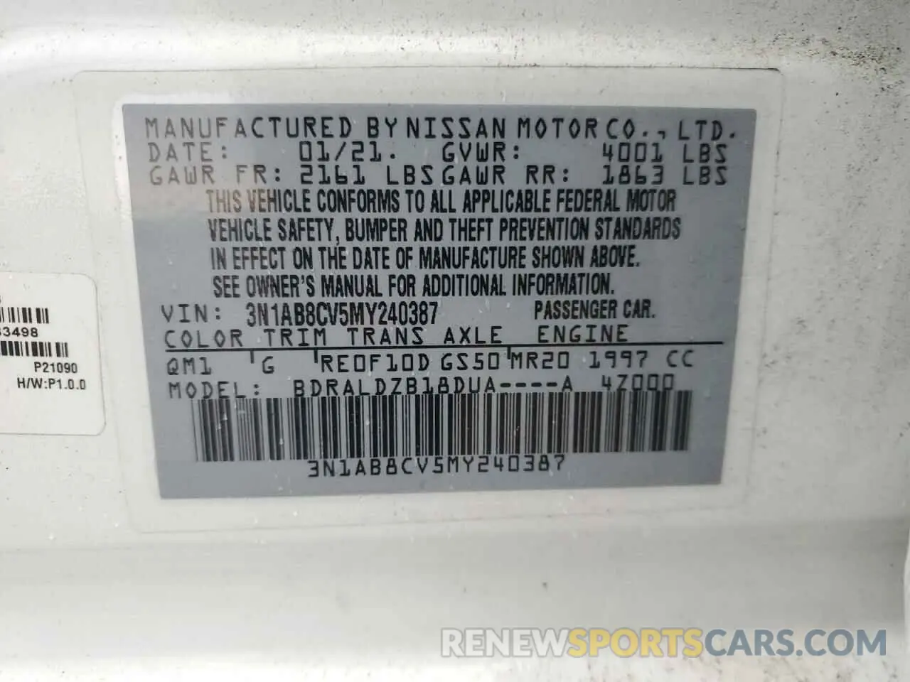 14 fotografías del automóvil dañado 3N1AB8CV5MY240387 NISSAN SENTRA 2021
