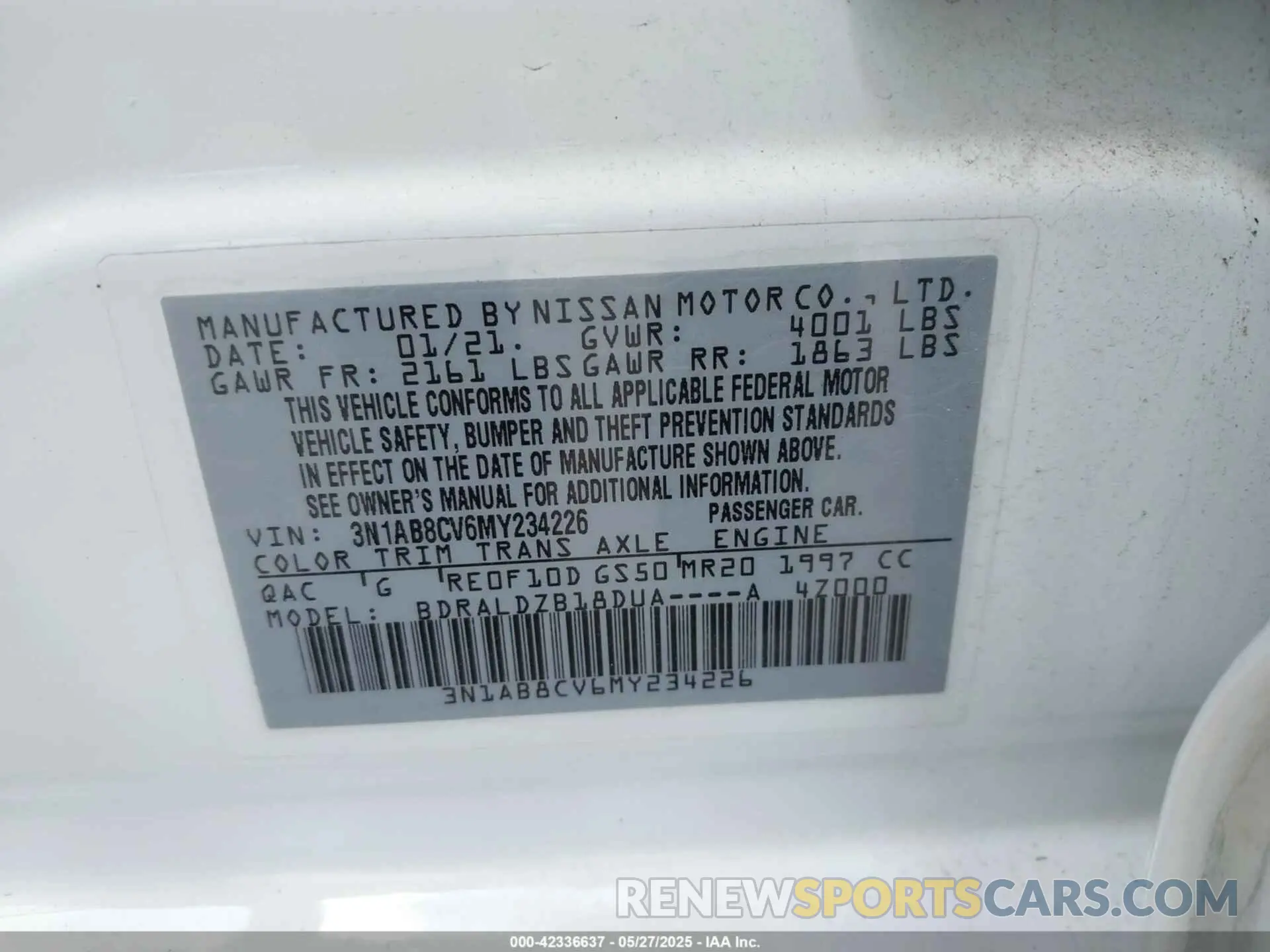 9 fotografías del automóvil dañado 3N1AB8CV6MY234226 NISSAN SENTRA 2021