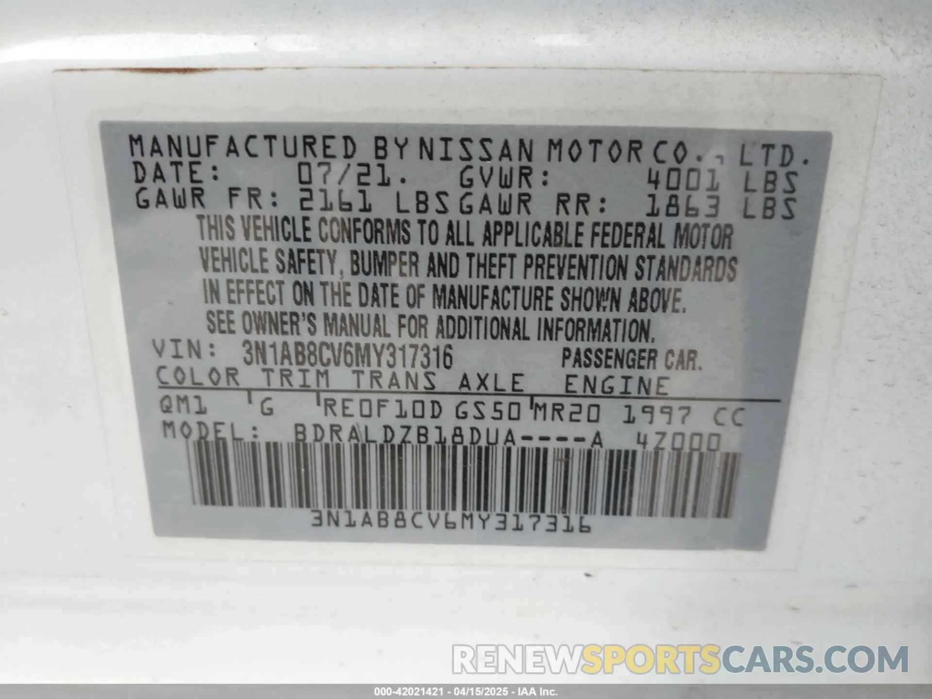 9 fotografías del automóvil dañado 3N1AB8CV6MY317316 NISSAN SENTRA 2021