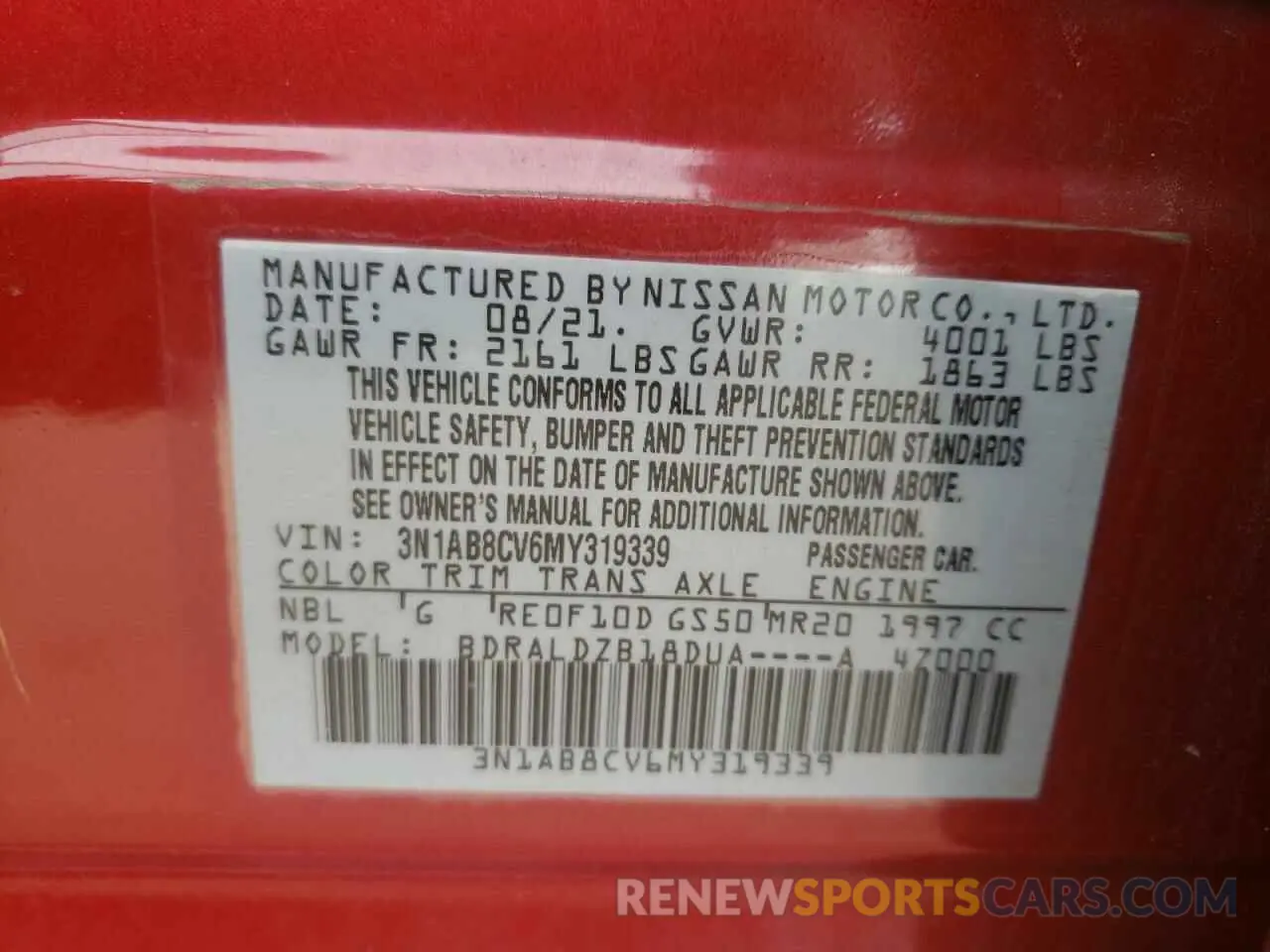 14 fotografías del automóvil dañado 3N1AB8CV6MY319339 NISSAN SENTRA 2021