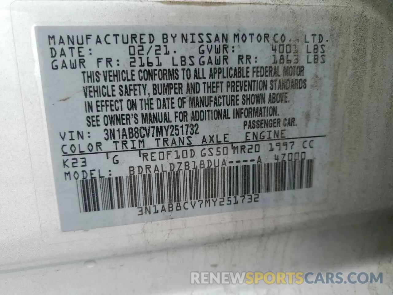 12 fotografías del automóvil dañado 3N1AB8CV7MY251732 NISSAN SENTRA 2021