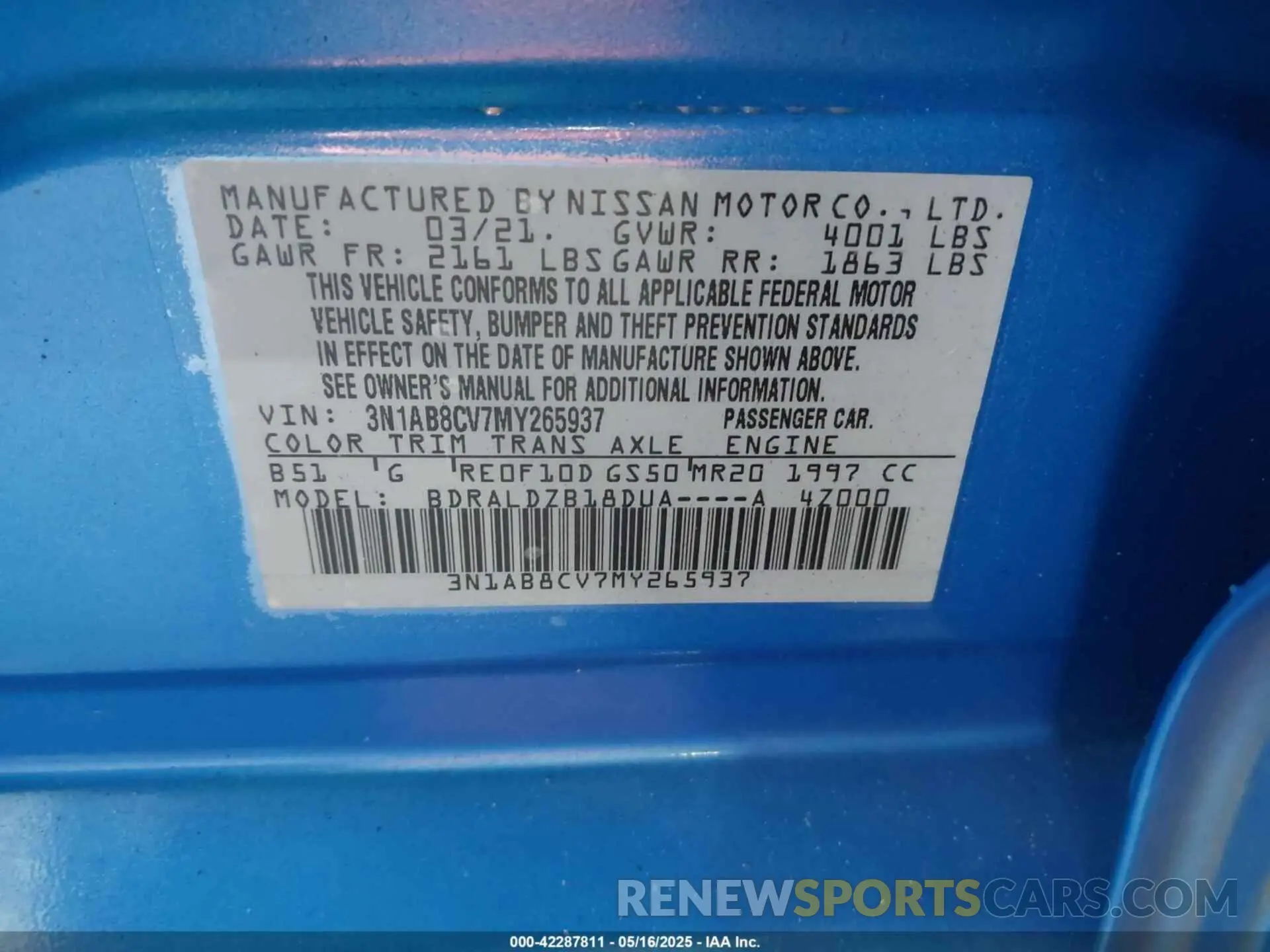9 fotografías del automóvil dañado 3N1AB8CV7MY265937 NISSAN SENTRA 2021