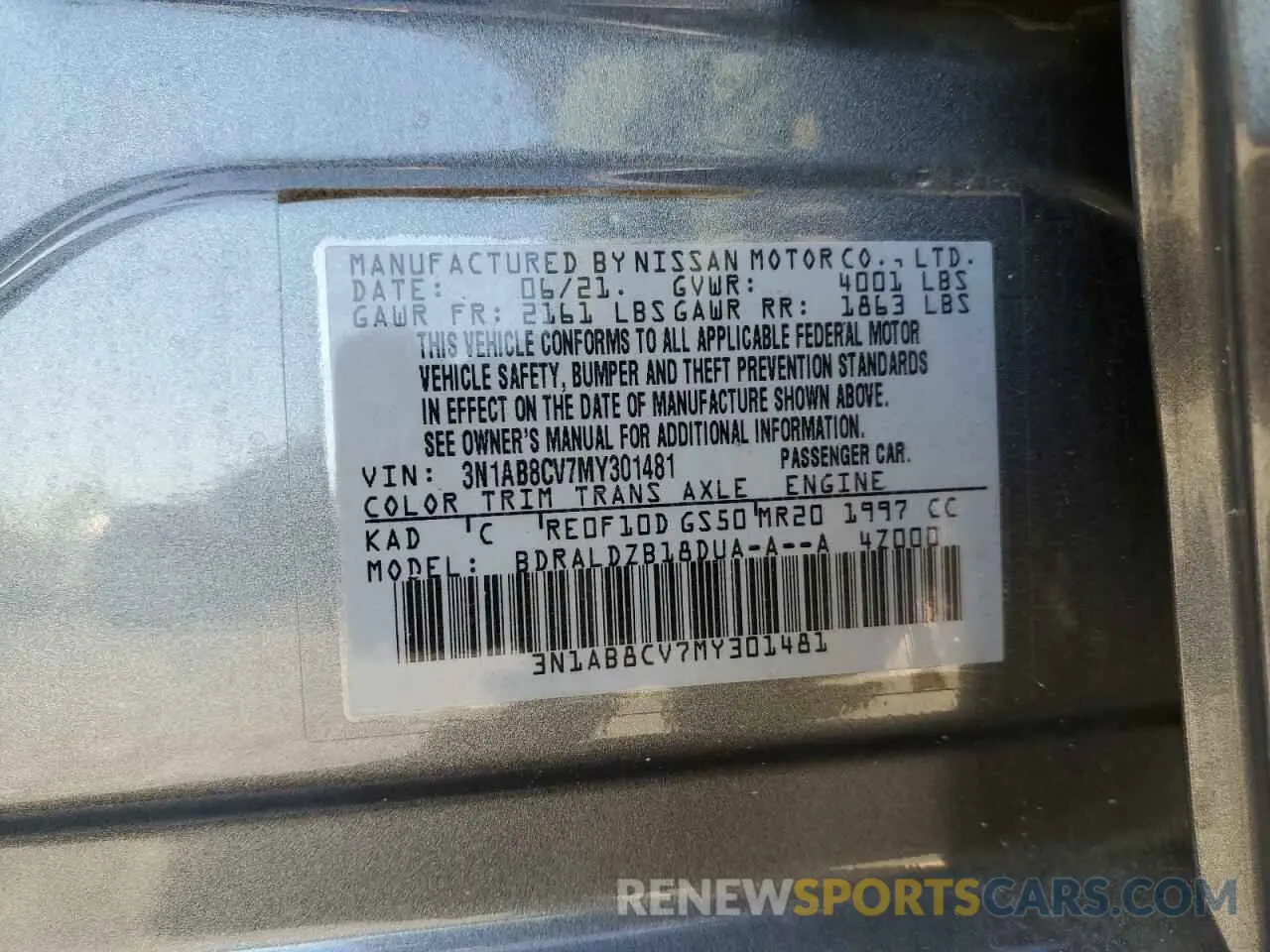 12 fotografías del automóvil dañado 3N1AB8CV7MY301481 NISSAN SENTRA 2021
