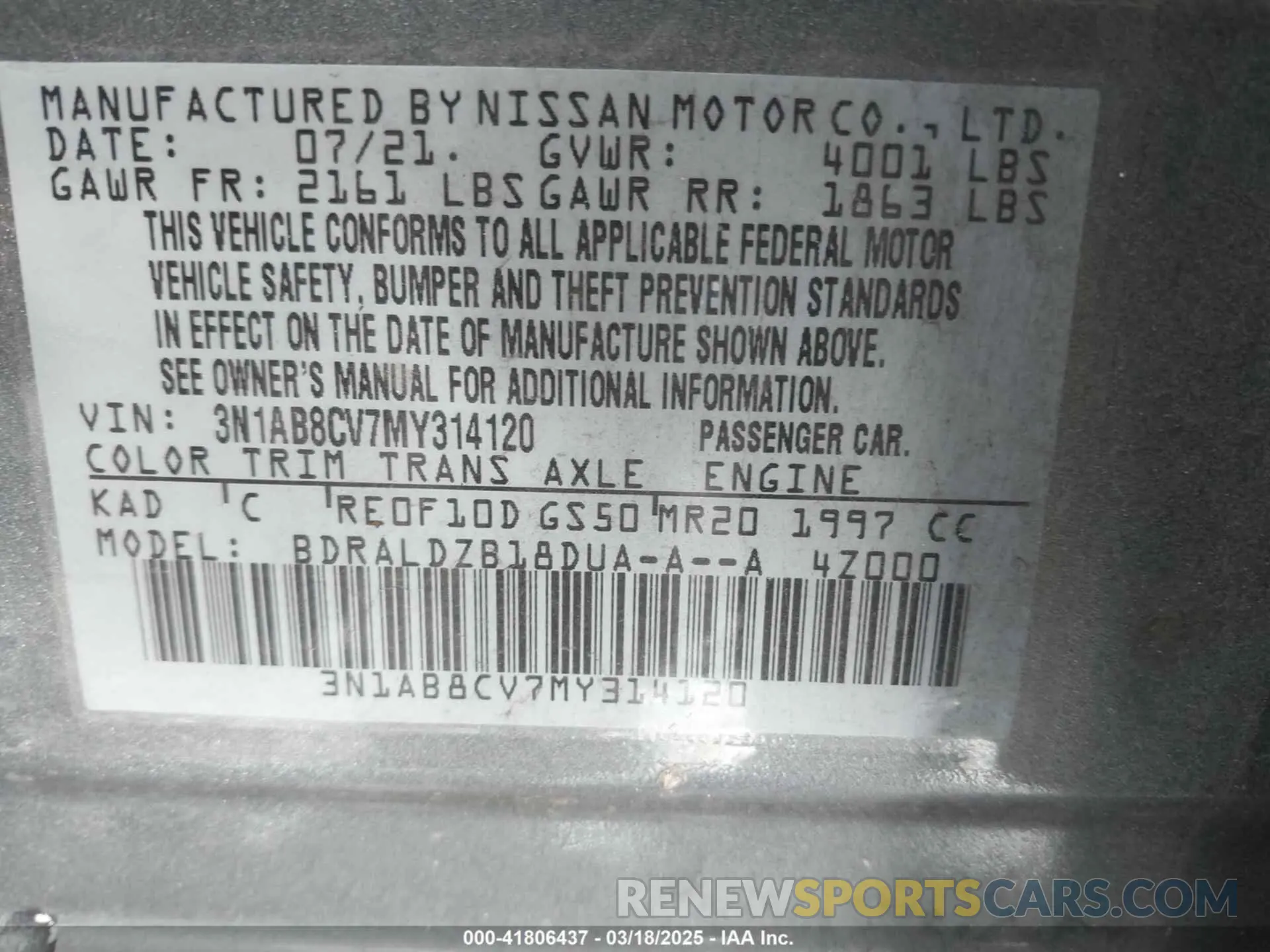 9 fotografías del automóvil dañado 3N1AB8CV7MY314120 NISSAN SENTRA 2021